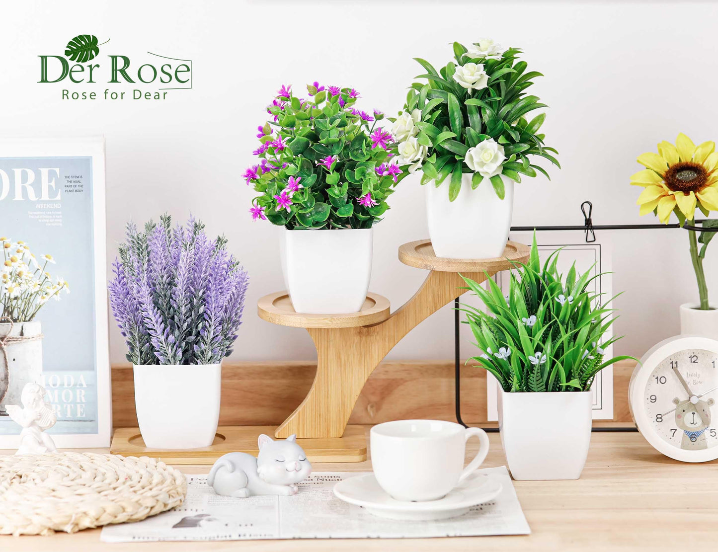 Der Rose 4 Pack Fake Plants Small Artificial Potted Faux Plants with Flowers for Home Bathroom Living Room Office Decor Indoor