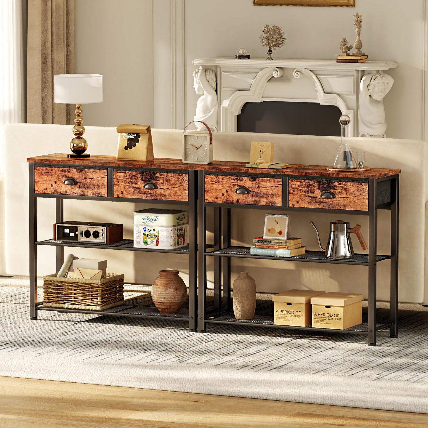 Furologee Console Sofa Table with Storage Shelf for Entry Way, Small 30'' Entryway Table with 2 Fabric Drawers, Industrial Display Shelves for Hallway, Entrance, Foyer, Rustic Brown