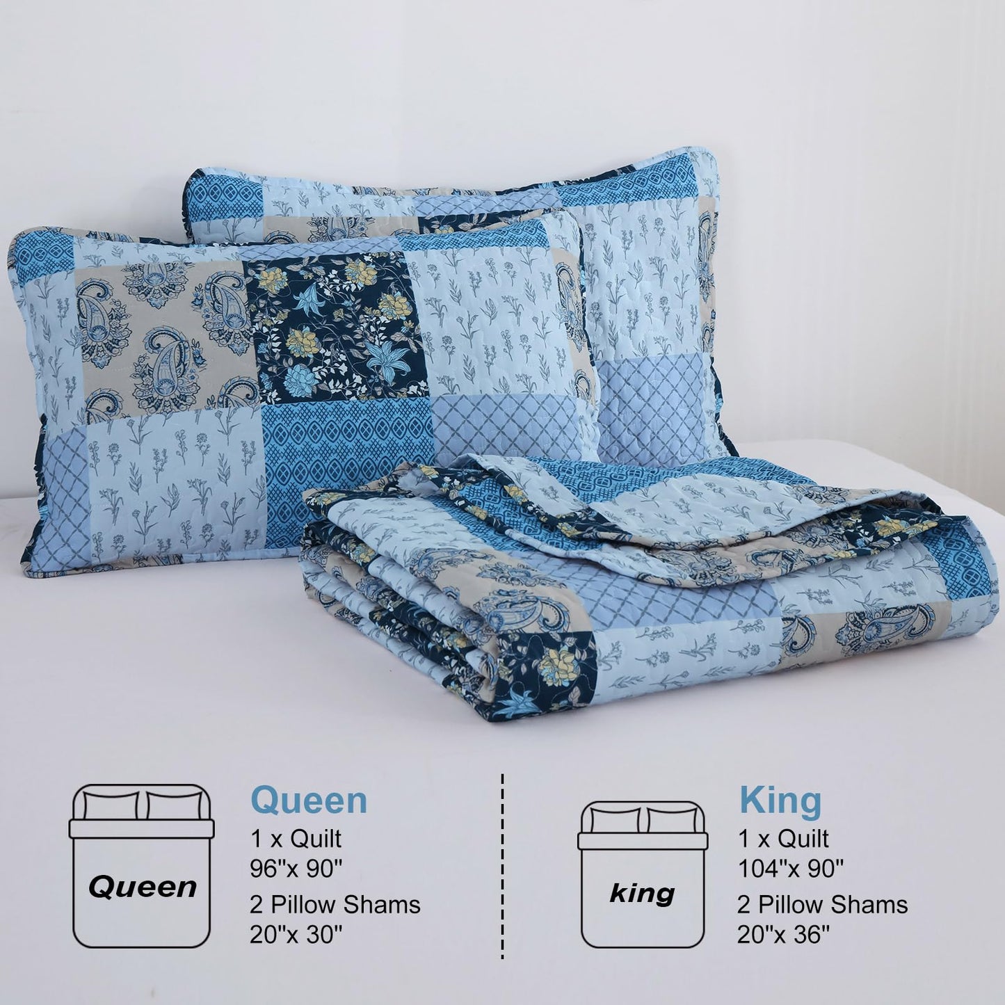 Xruibed Blue Quilt Set Queen Size 3 Pieces Plaid Floral Boho Bedspread Coverlet Set Patchwork Pattern Reversible Bedding Set Soft Microfiber Bedspread Set Queen for All Season(Queen 96"x90")