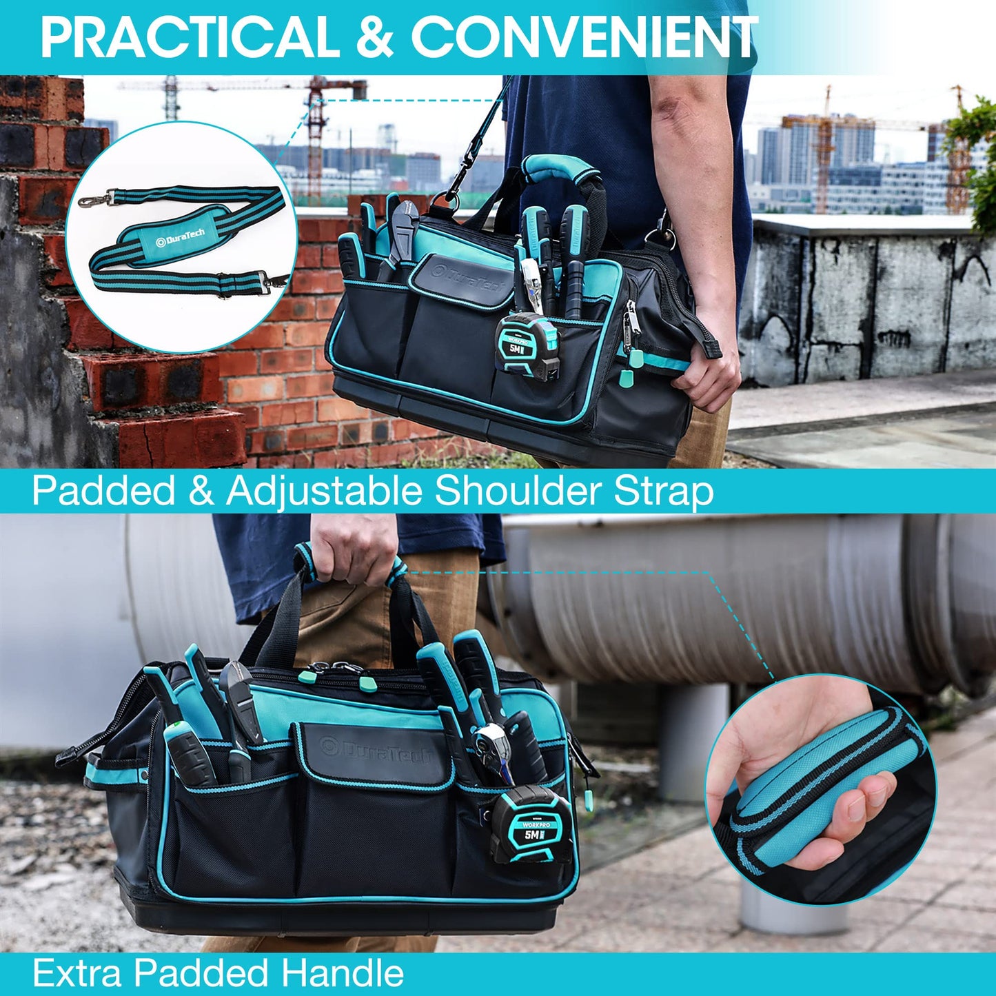 DURATECH 17" Wide Mouth Tool Bag, Large Storage 32 Pocket Tool Bag Organizer with Water Proof Molded Base, Adjustable Strap, Clip Design, 840D Oxford Fabric