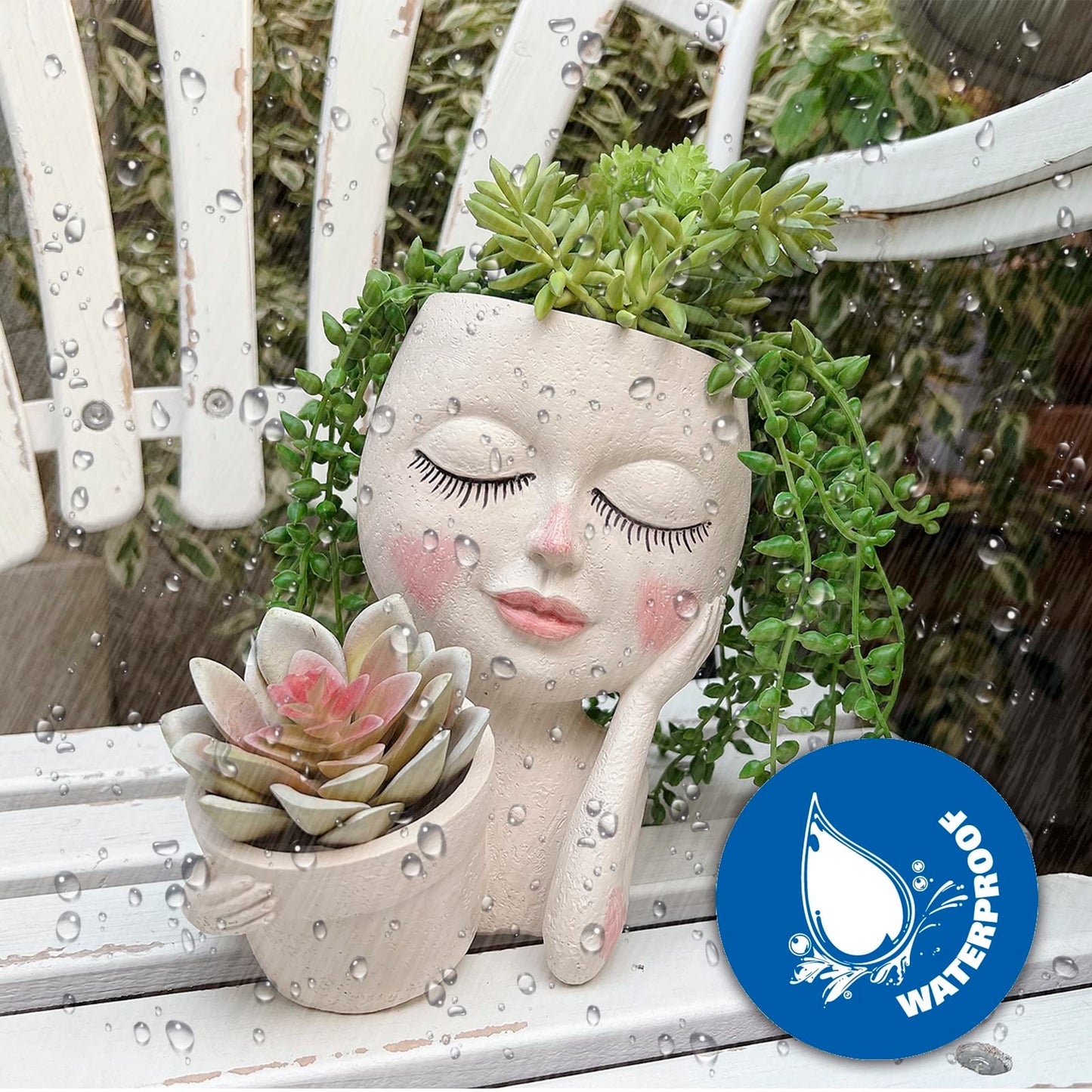 ASDFG Face Plant Pot - Double Flower Pots for Indoor Outdoor Plants Resin Head Planter with Drainage Hole Cute Lady Face Plant Pots, Garden Decoration Planters, Medium