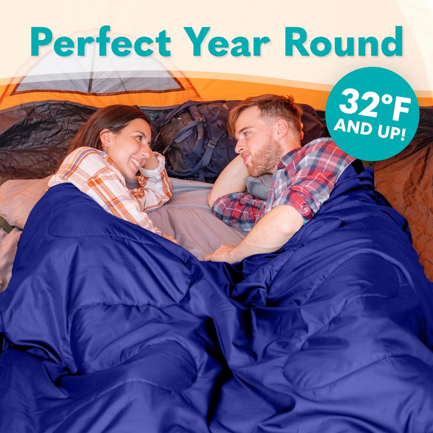 Double Sleeping Bags for Adults – Waterproof Queen-Size 2 Person Sleeping Bag with Pillows for Camping, Backpacking, Hiking, or Truck Use – Warm, Lightweight, and Convertible into Two Singles – Blue