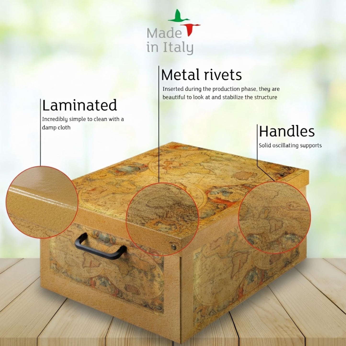 Lavatelli: Storage Box: Medium - Map - Lid & Side Handles, Decorative Cardboard Organizer, Stacks-Folds, Home-Clothes-Toys-Office, 16.5 x 12.6 x 8.3