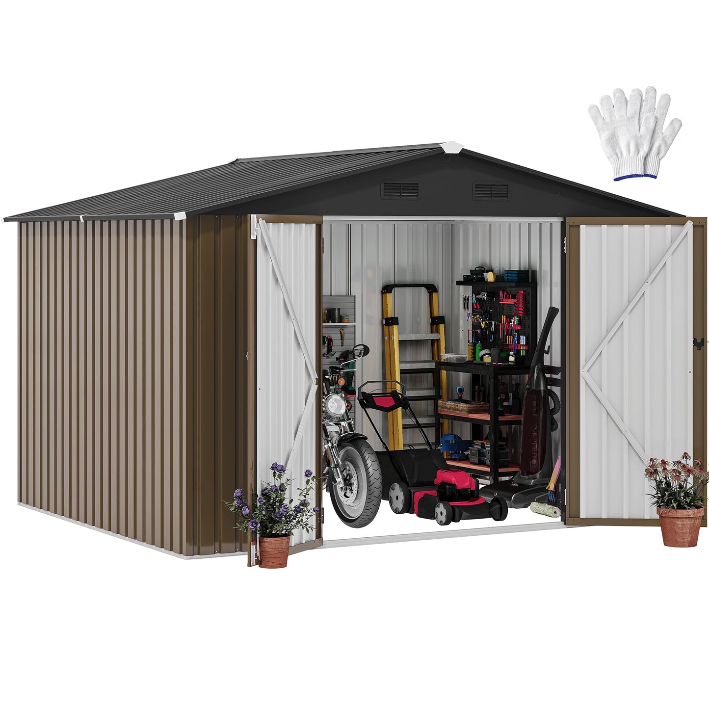 DWVO 10x8FT Outdoor Storage Shed, Spacious Metal Tool Shed with Lockable Doors & Ventilation for Patio, Lawn, and Backyard, Ideal for Storing Garden Equipment, Lawnmowers, and Bicycles, Brown