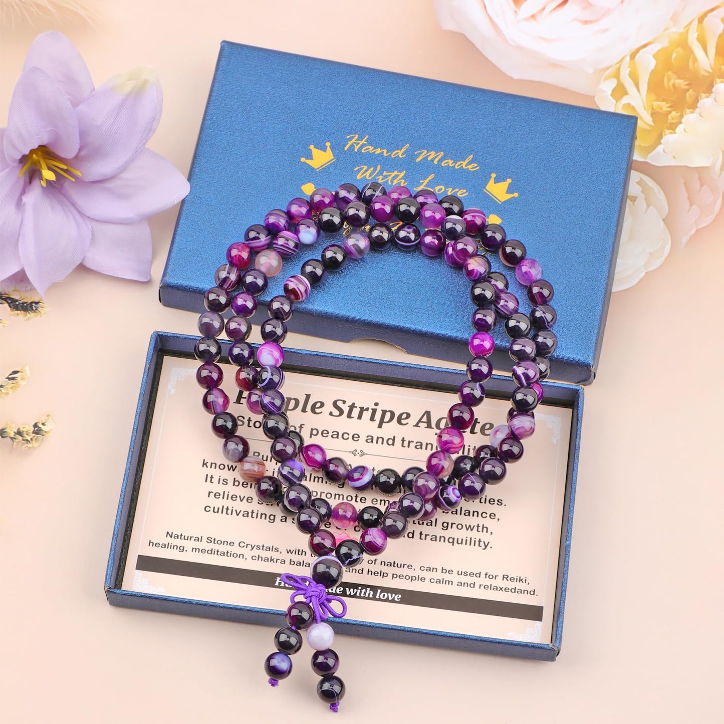 AD Beads 8mm 108 Prayer Mala Purple Stripe Agate Elastic Bracelet - Peace and Tranquility - Handmade Yoga Meditation Healing Power Energy Gifts for Unisex Adult.