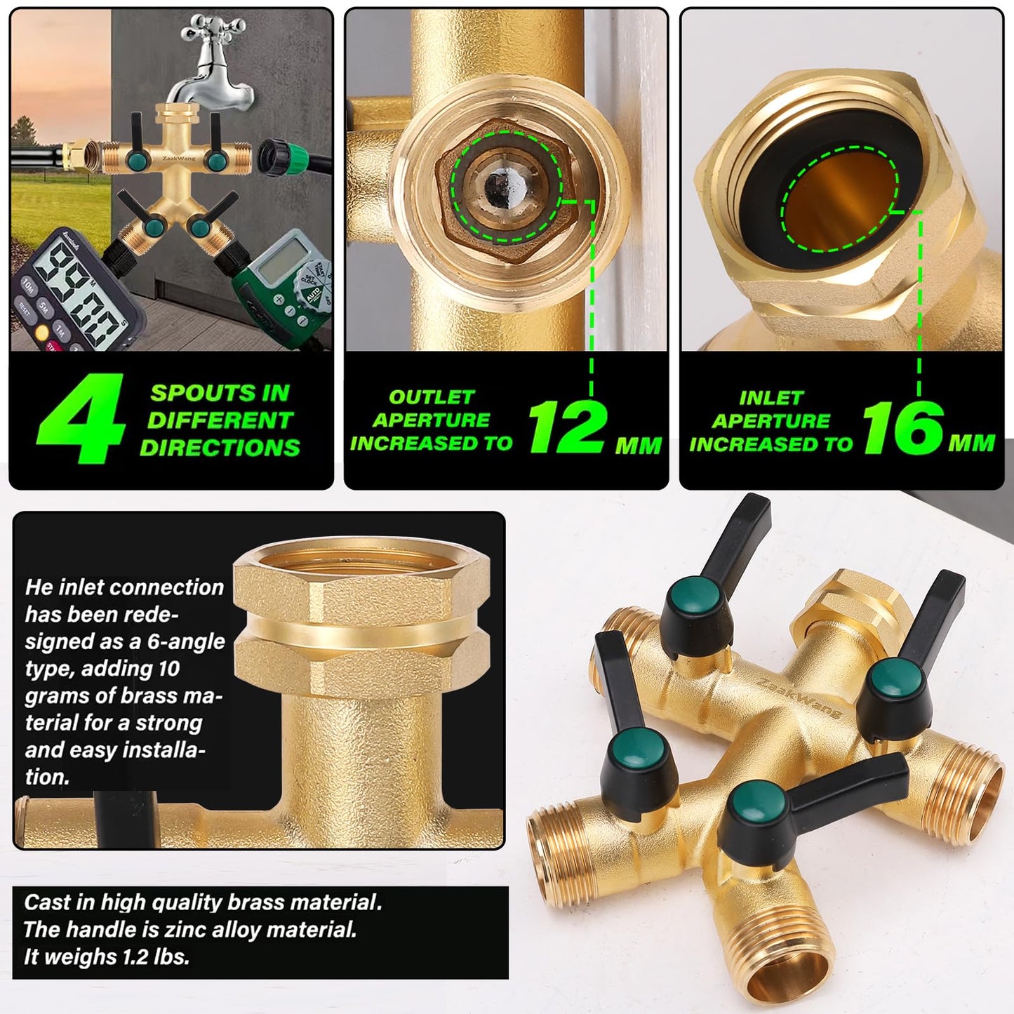Garden Faucet Splitter, 4 Way Hose Splitter, Multi-Directional High Output Outdoor Splitter, 3/4" GHT Thickened Hex Inlet, Heavy Duty Solid Brass Spigot Adapter with Comfort Extension Handles