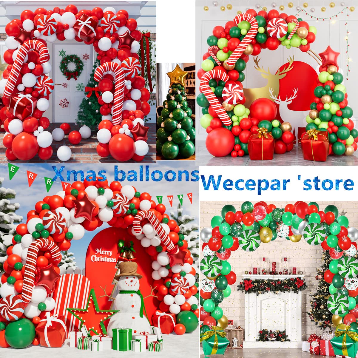 WECEPAR Christmas Balloon Garland Arch kit with Xmas Green Red White Candy Balloons Gift Box Balloons Red Star Balloons for Christmas Party Decorations