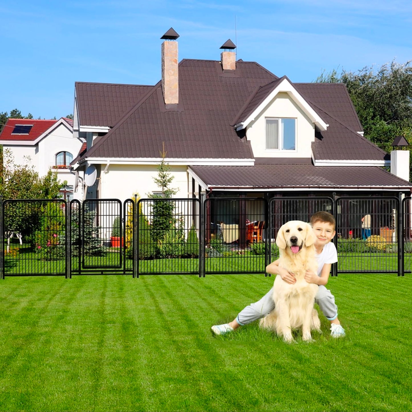 Explovehike Garden Fencing 36 Inch High, 8 Panels Total 17.7 Ft(L) Wide Door Low Threshold Dog Fence, Black Heavy Duty Garden Fence with Gate, Fencing for Garden Beds, Dog Fence Outdoor for Yard
