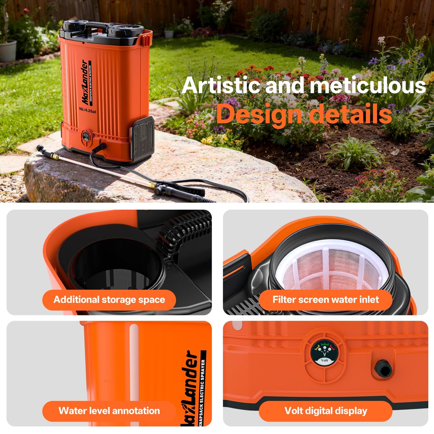 Maxlander Battery Powered Backpack Sprayer 4.2 Gallon, Electric Graden Sprayer Works with 2 x 20V 2.0Ah Battery, 90 PSI Adjustable Pressure Sprayer with 6 Spray Nozzles