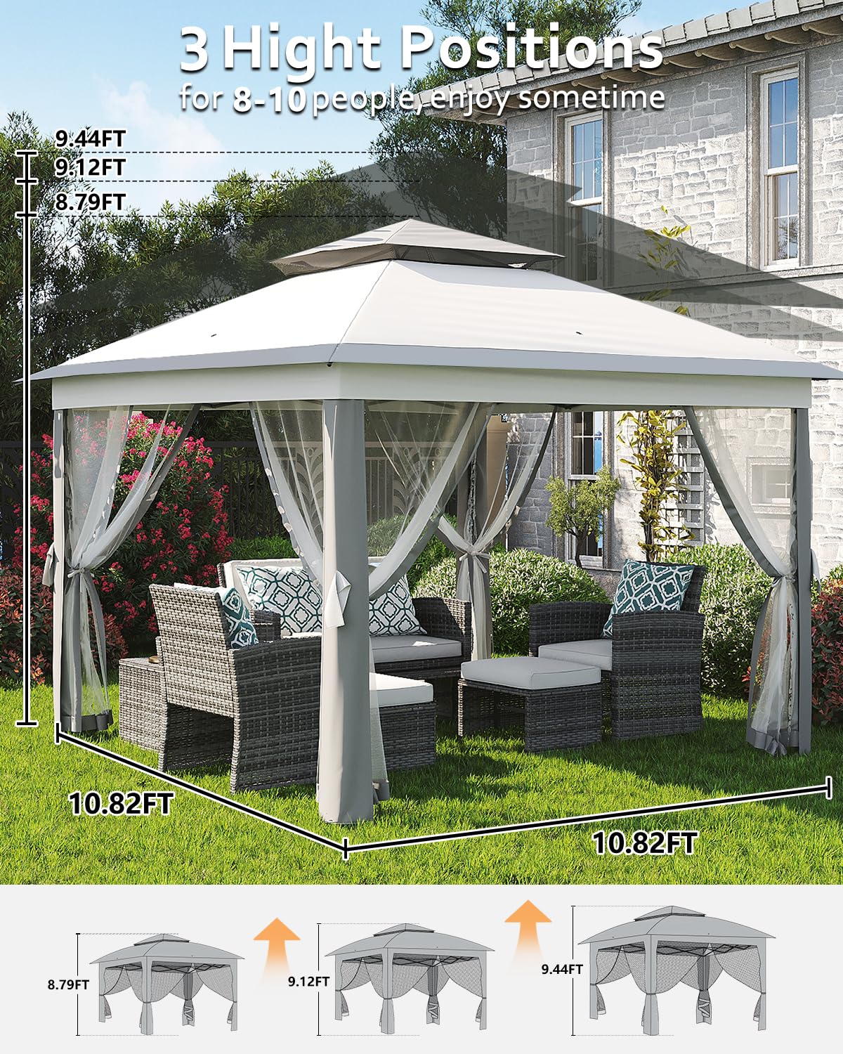 Garveelife 11x11 Pop Up Gazebo Tent with Mosquito Netting, Outdoor Canopy Shelter Easy Setup, Water & UV Resistant - Grey