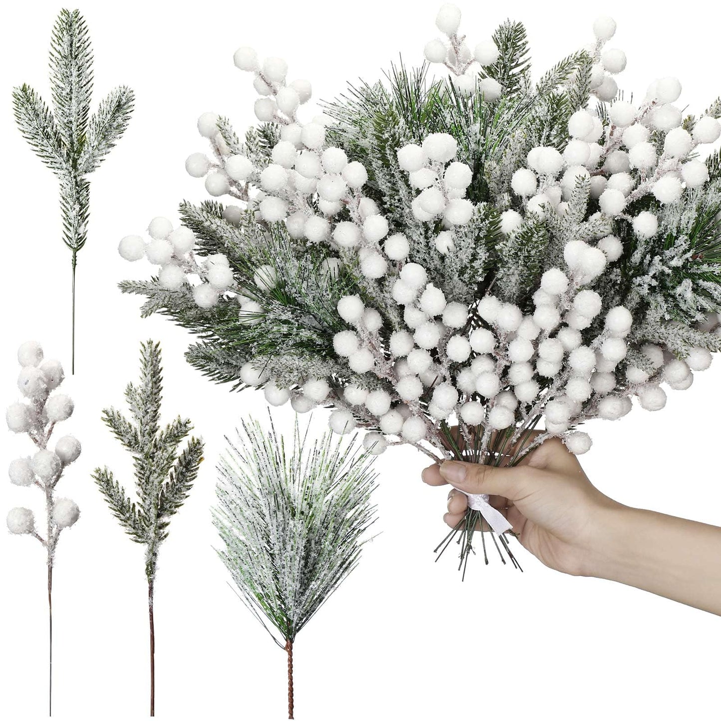 Lyrow 80 Pieces Christmas Snowy Pine Tree Picks Artificial Berry Stems Sprays Faux Cedar Pine Needles Branches for Holiday Arrangement Wreath DIY Garland Holiday Decor Winter Greenery (White)