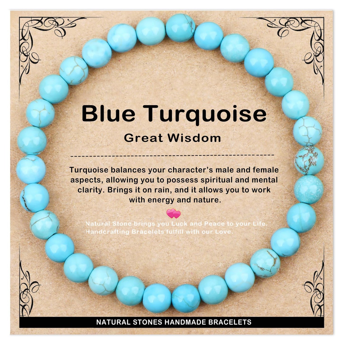 AD Beads 6mm Handmade Blue Turquoise Elastic Bracelet – Natural Gemstone for Great Wisdom – Meditation, Yoga, Healing and Energy Gift for Men Women