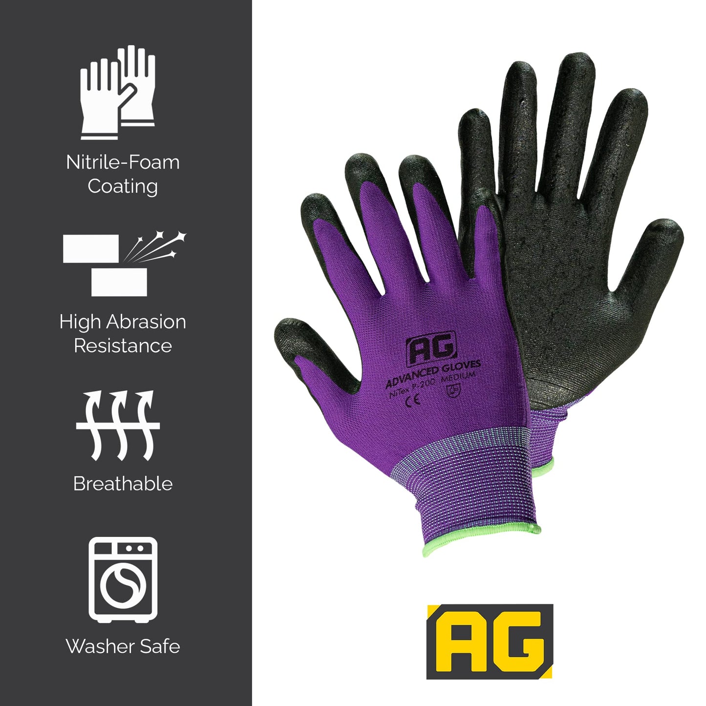 ADVANCED GLOVES – NiTex P-200 Nylon Nitrile Gloves, Breathable Nitrile Foam Coated Utility Gloves for Insulated Grip, Purple, 3-Pair, Medium