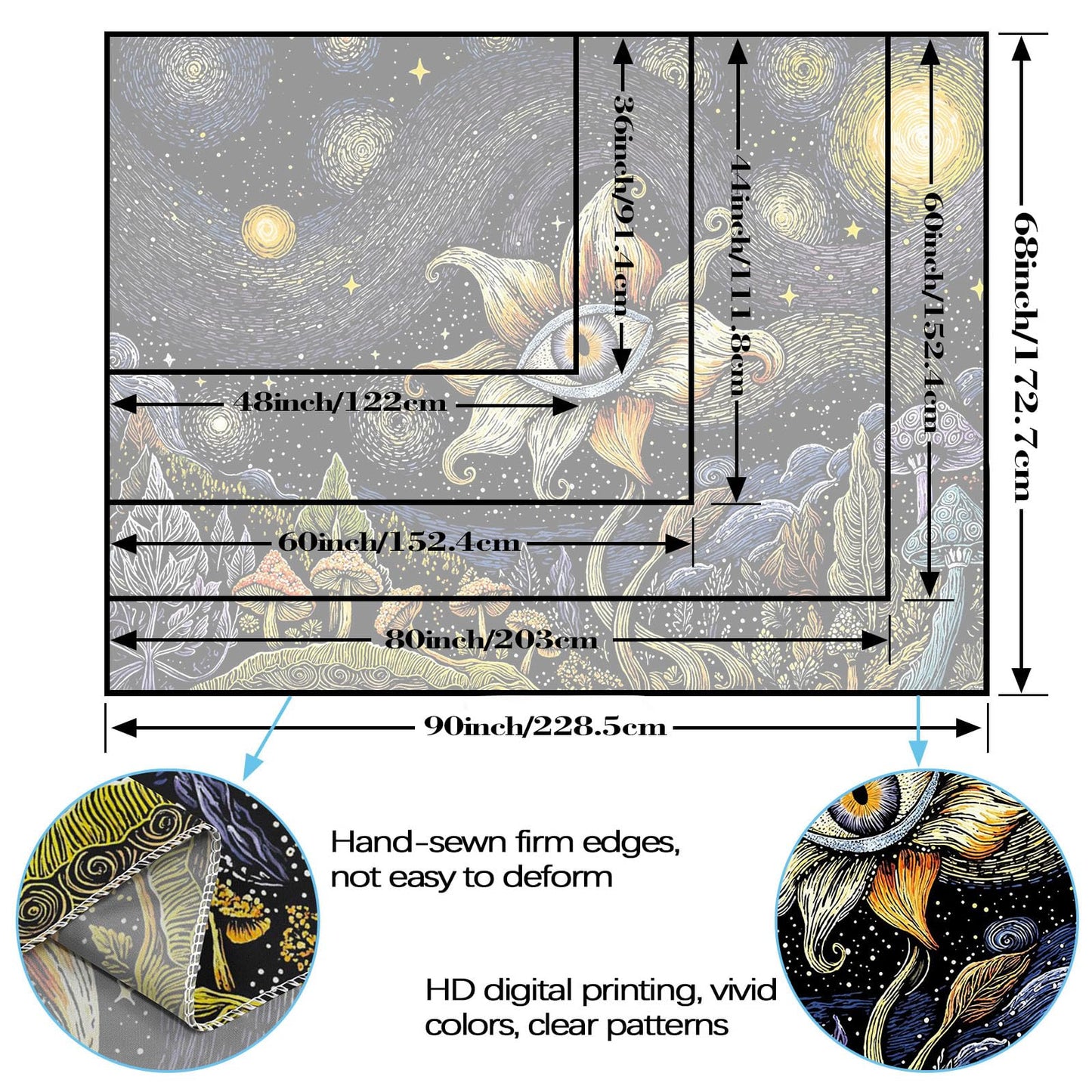 Yeoiat Tapestry Cosmic Flower Tapestries Mushroom Landscape Wall Hanging Starry Night Visionary Botanical Art Decor Bedroom Dormitory 48"x36"