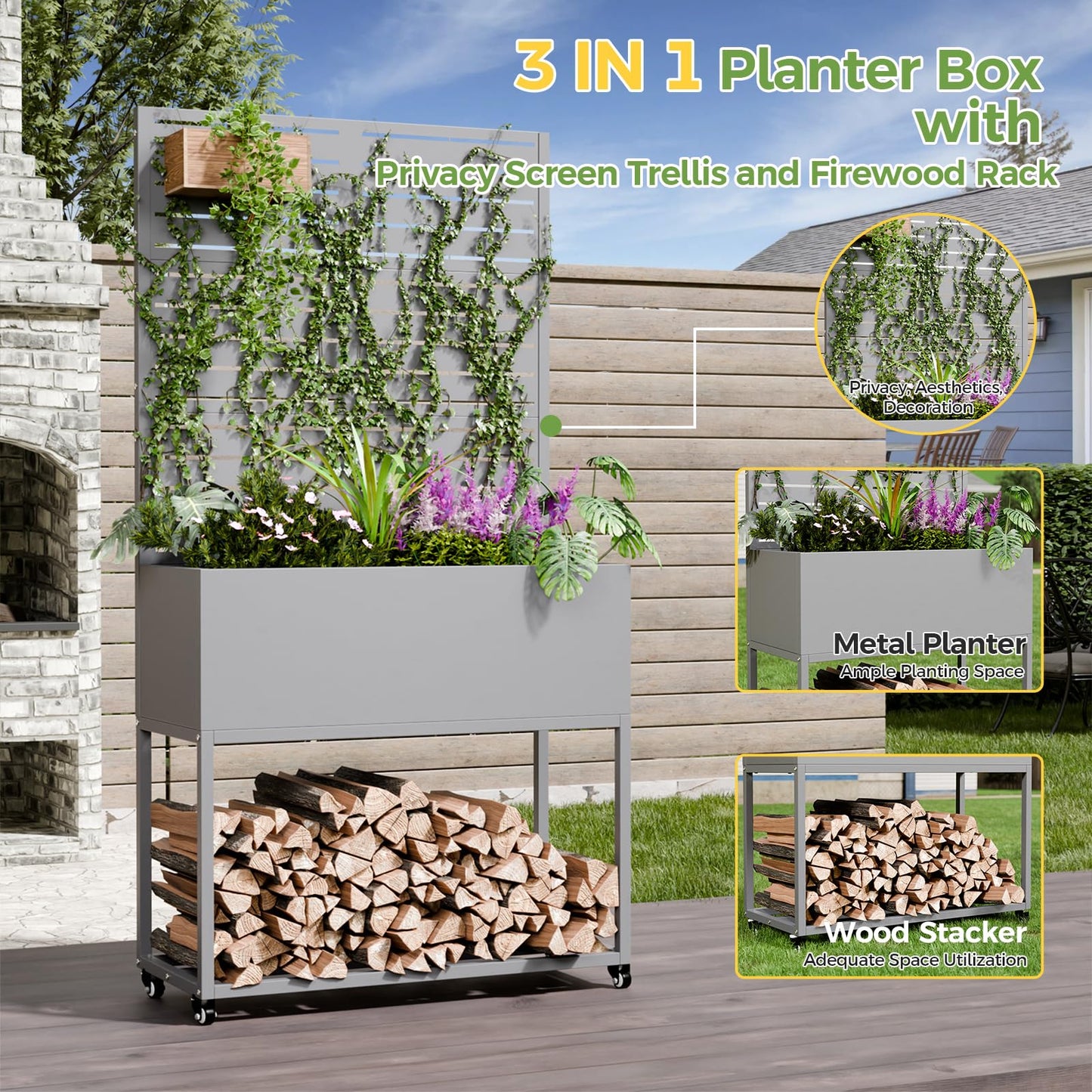 Diyfire Metal Planter Box with Trellis, 67"x35"x16"Metal Raised Garden Bed with Drainage Holes, Raised Garden Beds Outdoor, Privacy Planters Trellis for Climbing Plants, Patio,Garden, Wheels, Grey