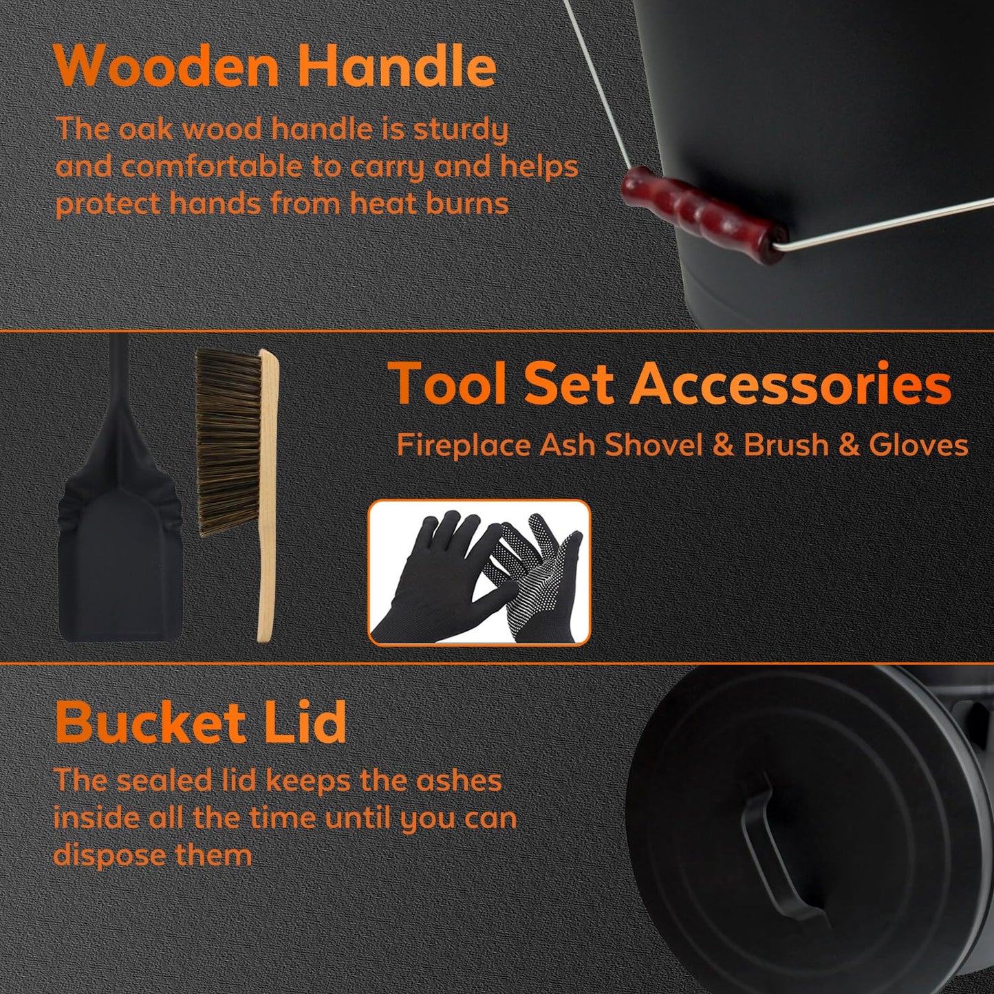 KEFIY 5.2 Gallon Ash Bucket with Lid and Shovel, Metal Fireplace Ash Bucket with Broom, Complete Fireplace Tools Set for Wood Stove and Fireplace