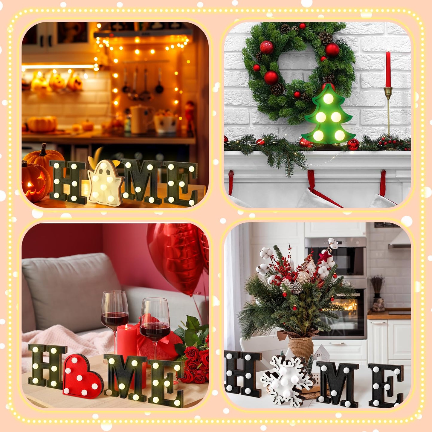Aurelema Interchangeable Home Table Signs with 8 Pcs Seasonal Icons Wooden "home" Letter Signs with LED Marquee Light up Interchangeable Holiday Decorative Centerpiece for Holiday Room Decoration