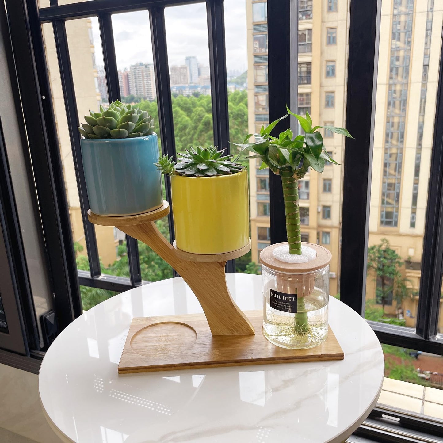 QruiLanTu Window Sill Plant Shelf，Desk Desktop Bamboo Plant Stand， Table Succulent Plant Stand for Home, Office, Living Room, Bedroom Decoration(2set)