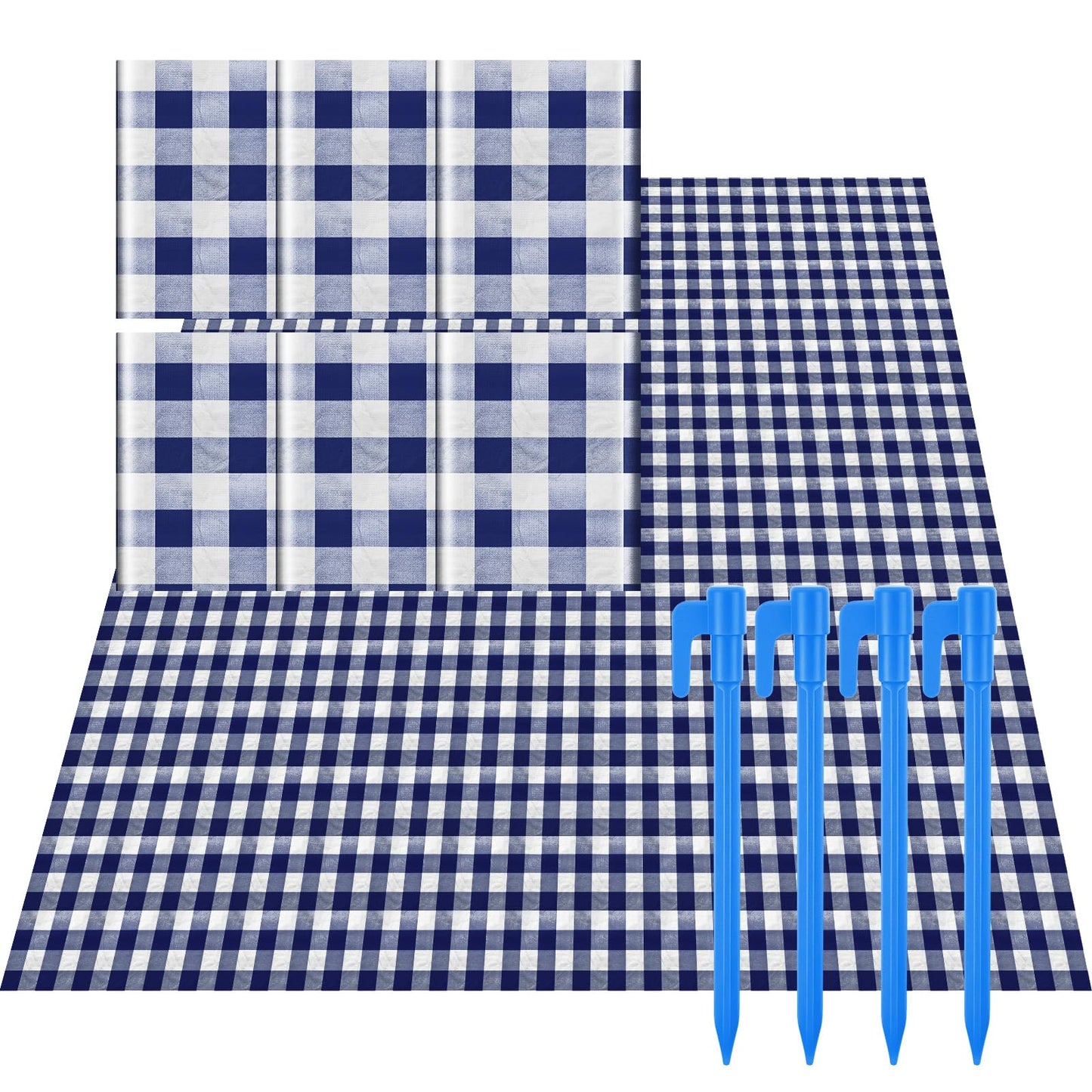 HunnmingRe 6 Pcs Disposable Outdoor Picnic Blankets 71''x71'' Thicken Foldable Waterproof Picnic Mats Gingham Oil Proof Camping Blankets with 4 Ground Spikes Beach Travel Hiking (Navy Blue and White)
