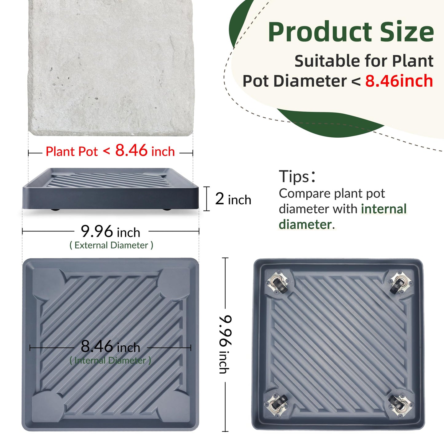 REDHUGO 2PCS Square Plant Caddy with Hidden Wheels, Heavy Duty Rolling Plant Stand Caddy with Wheels, Pot Base for Indoor Outdoor, Gray, 9.96 inches