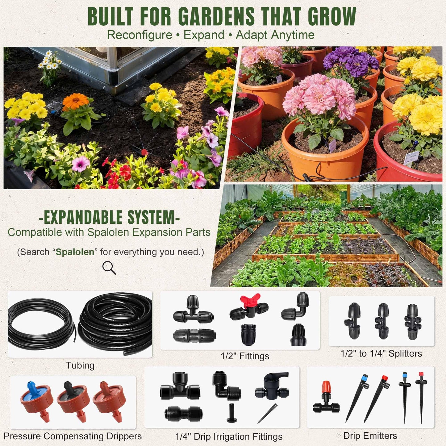 Push-to-Connect Drip Irrigation System Adjustable Irrigation System for Garden Raised Bed Automatic Plant Watering System Complete Drip Irrigation Kit with Drip Emitters, Tubing, Connectors