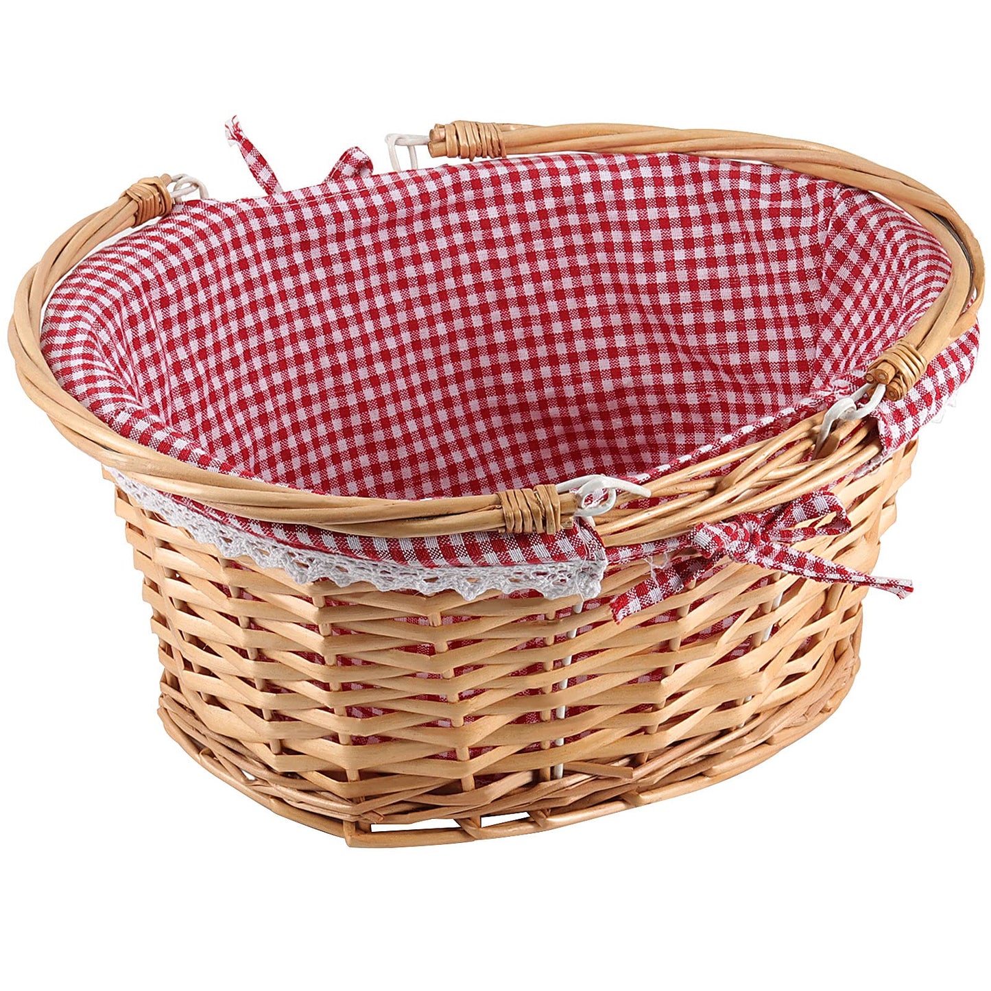 ZEONHEI Wicker Woven Basket with Double Folding Handles, Willow Picnic Hamper with Linen Cloth Lining for Easter Eggs, Candy Storage, Gift Packing, (Red, 14 Inch)