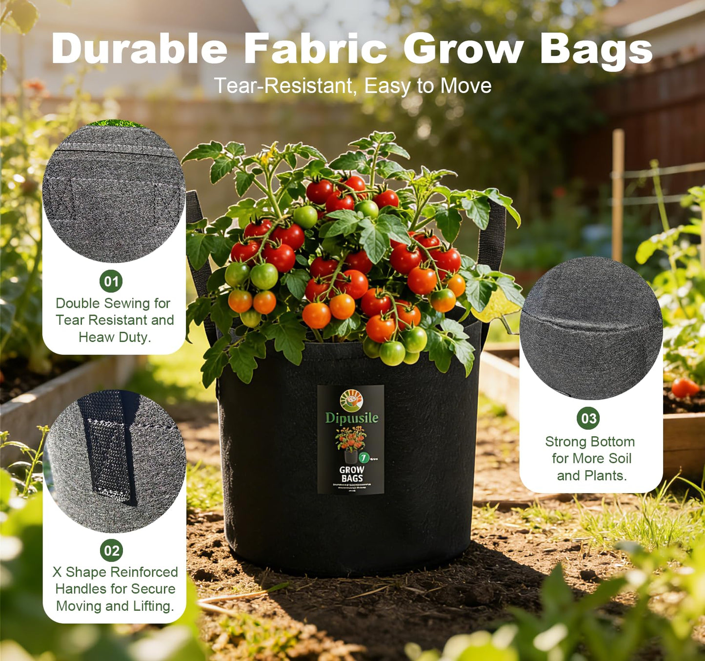 Dipuosile 6-Pack 10 Gallon Grow Bags Extra-Long Handles, Heavy Duty 300G Thickened Nonwoven, Fabric Growing Bags for Tomato, Potato,Vegetables, and Flowers