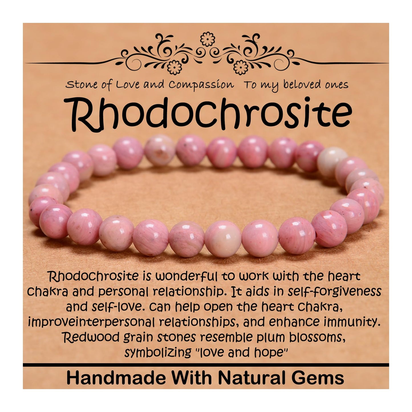 CHCCOYE 6mm Natural Healing Gemstone Bracelet Handmade Yoga Stretch Elastic Bracelet Stress Relief Crystal Jewelry for Men and Women (6mm, Rhodochrosite)