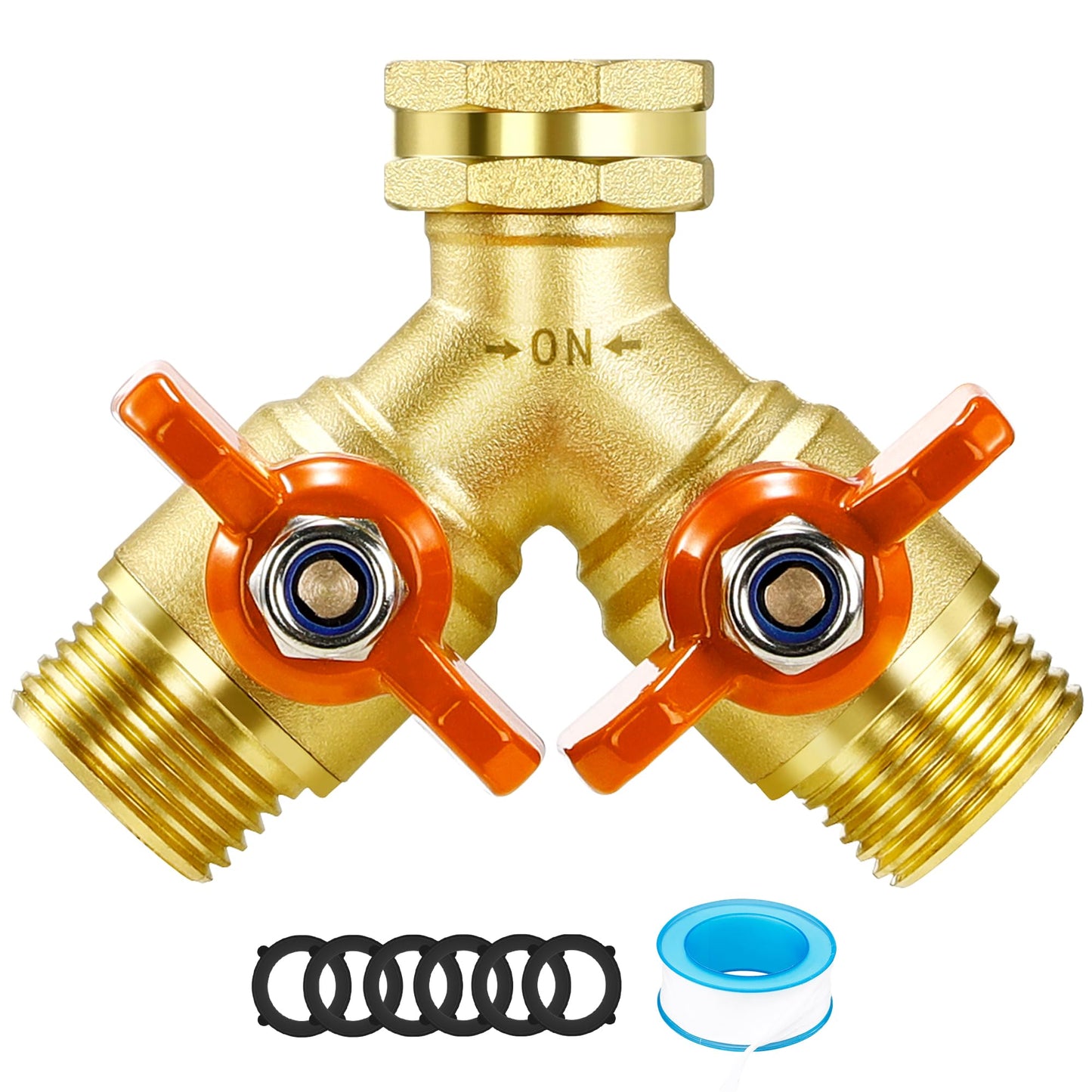 IPOW Upgrade Full Flow Garden Hose Splitter with Stainless Steel Handle, Brass Heavy Duty 2 Way Y Valve Garden Hose Splitter High Flow Spigot Splitter + 6 Rubber Hose Washers with Comfort Grip Use