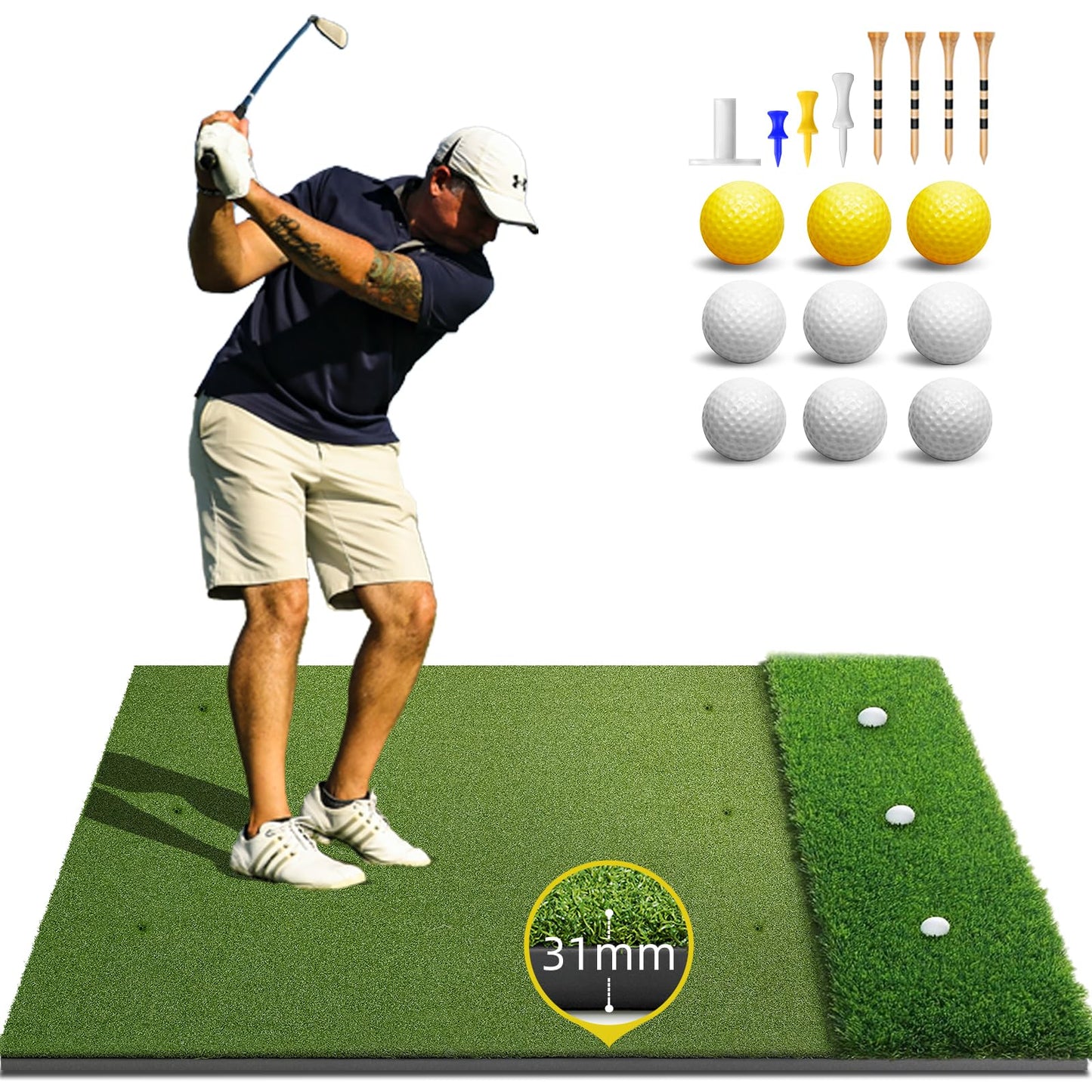 Bltend Dual-Turf Golf Mat: 5x4ft 31MM Thickened Heavy-Duty Golf Hitting Mats Practice Outdoor/Indoor, Artificial Turf Training Matt with 9 Balls, 8 Tees for Driving, Chipping, Swing