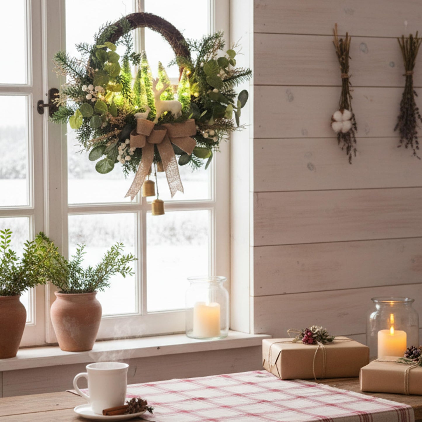 Lighted Christmas Wreath with LED Lights & White Deer, Bottle Brush Trees, Burlap Bow and Bells, Artificial Greenery Front Door Holiday Decoration with Timer