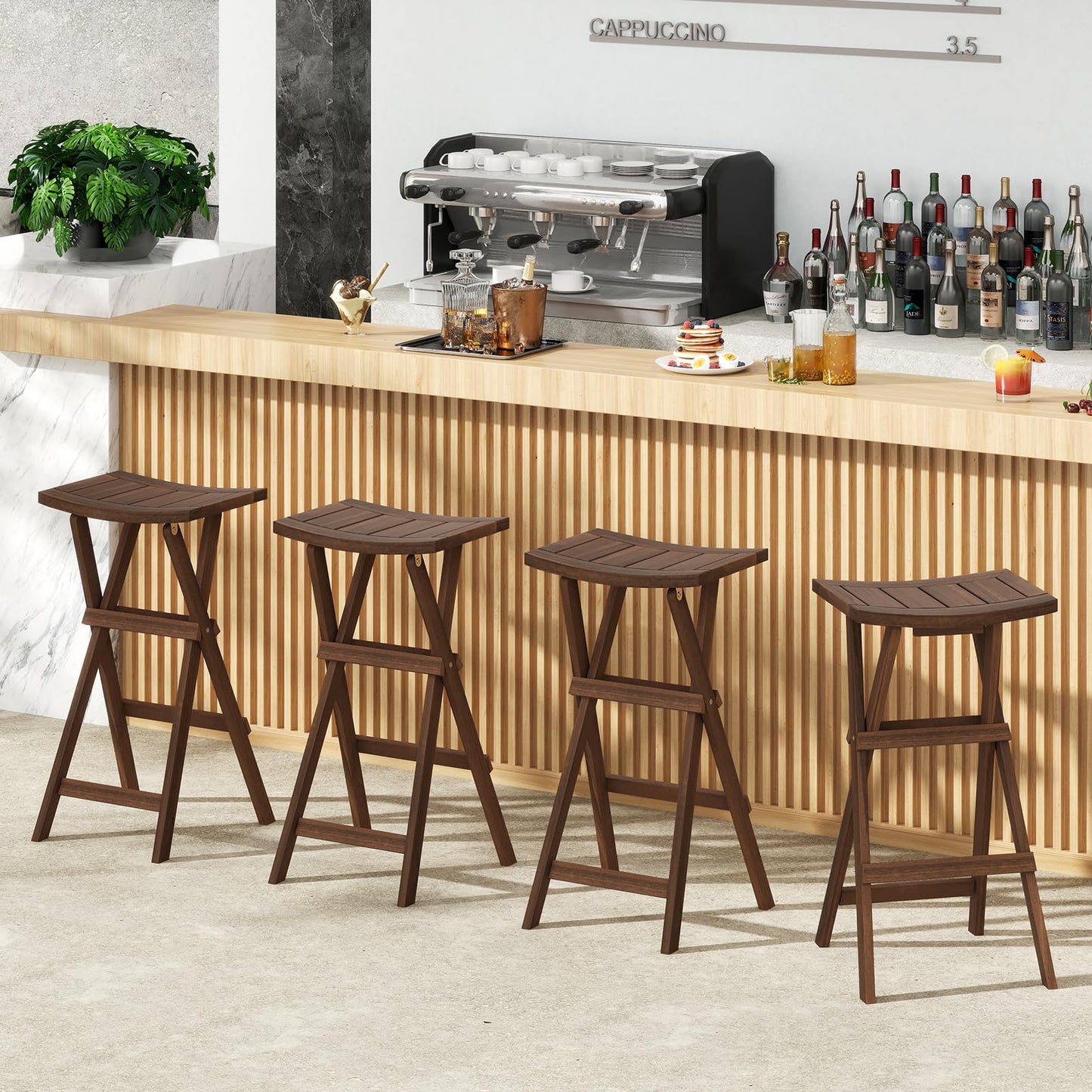 COSTWAY Folding Wooden Bar Stools Set of 2, 30-inch Height Backless Saddle Stools with Footrest, Foldable Chairs for Kitchen Island, Counter, Patio, Indoor & Outdoor, No Assembly Required, Teak