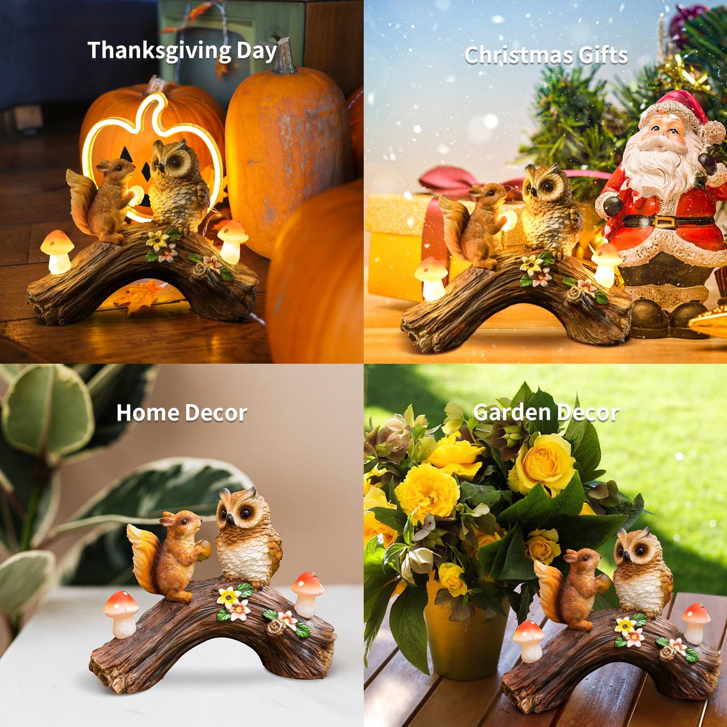 WONDHOME Solar Owl Garden Statues Outdoor Decor Resin Owl Squirrel Figurine with Mushroom Lights for Patio Lawn Yard Decorations Christmas Birthday Housewarming Gardening Gifts for Women Mom