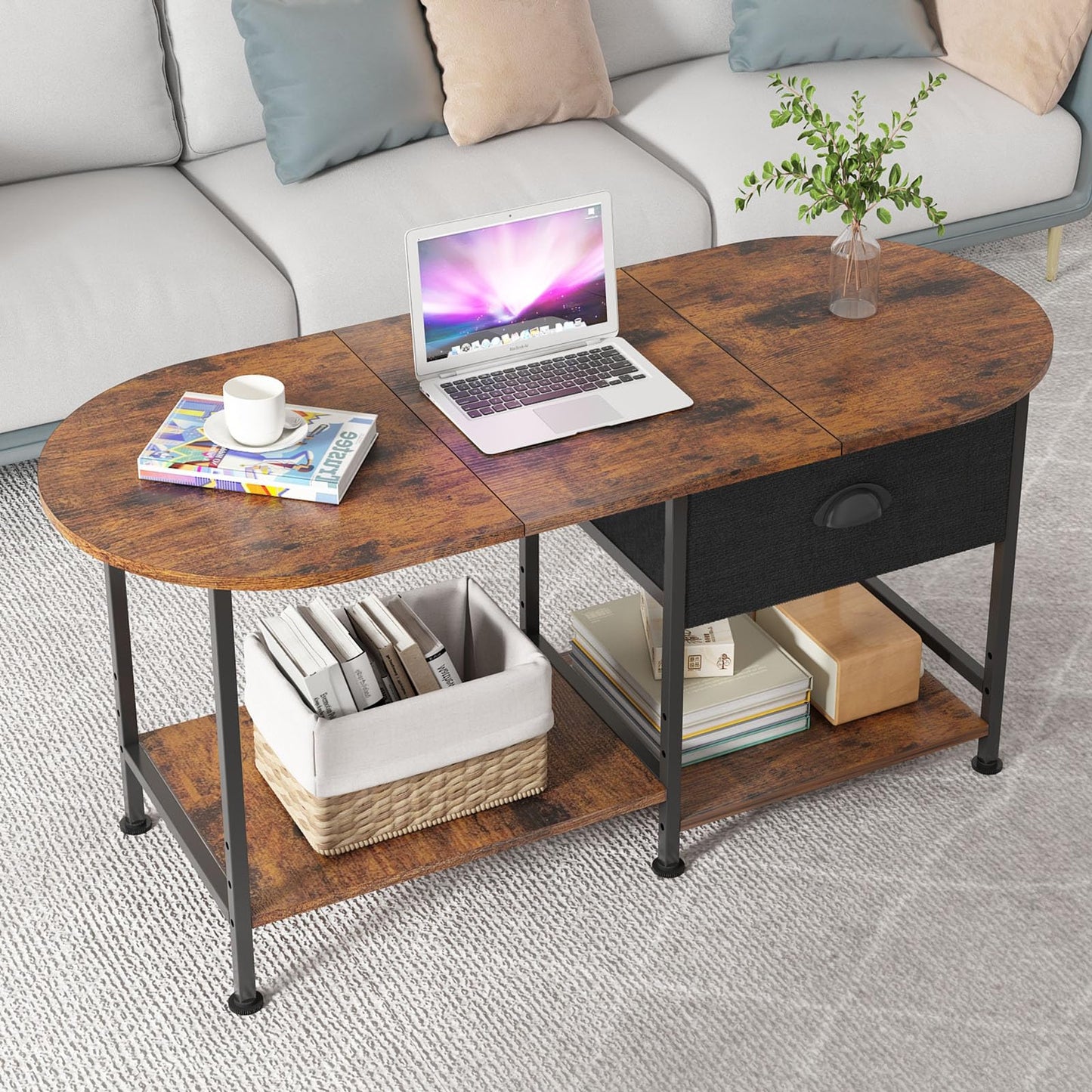 37" Oval Small Coffee Table with Storage,Modern Wood Living Room Center Table for Small Space,Apartment,Home Office,Drawer & Open Shelves,Easy Assembly,Rustic Brown
