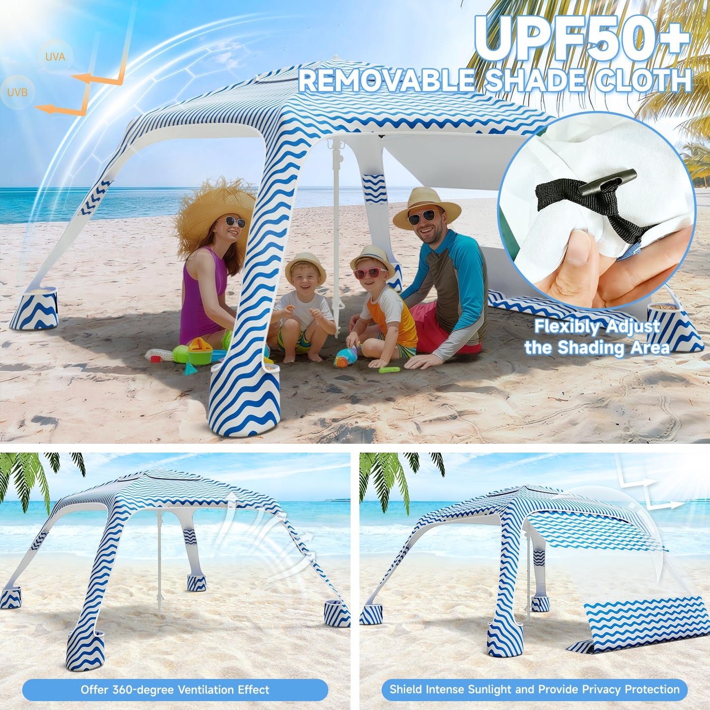 Beach Cabana with 4-Corner, UPF50+ Beach Canopy, Adjustable Height Beach Tent Sun Shelter, Sun Umbrella with Removable Side Wall, Shade Sun Shelter for Beach, Garden, Camping (Wave Pattern)