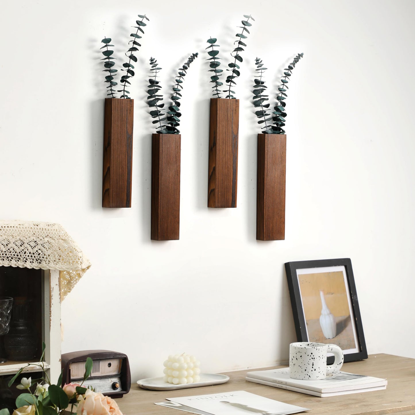 Wood Wall Planter 4 Pack Wall Decor for Artificial Flower Plants Wooden Plants Holders Pocket Vase Hanging for Living Room Bedroom Dining Room Bathroom Indoor Decroation (Dark Brown)