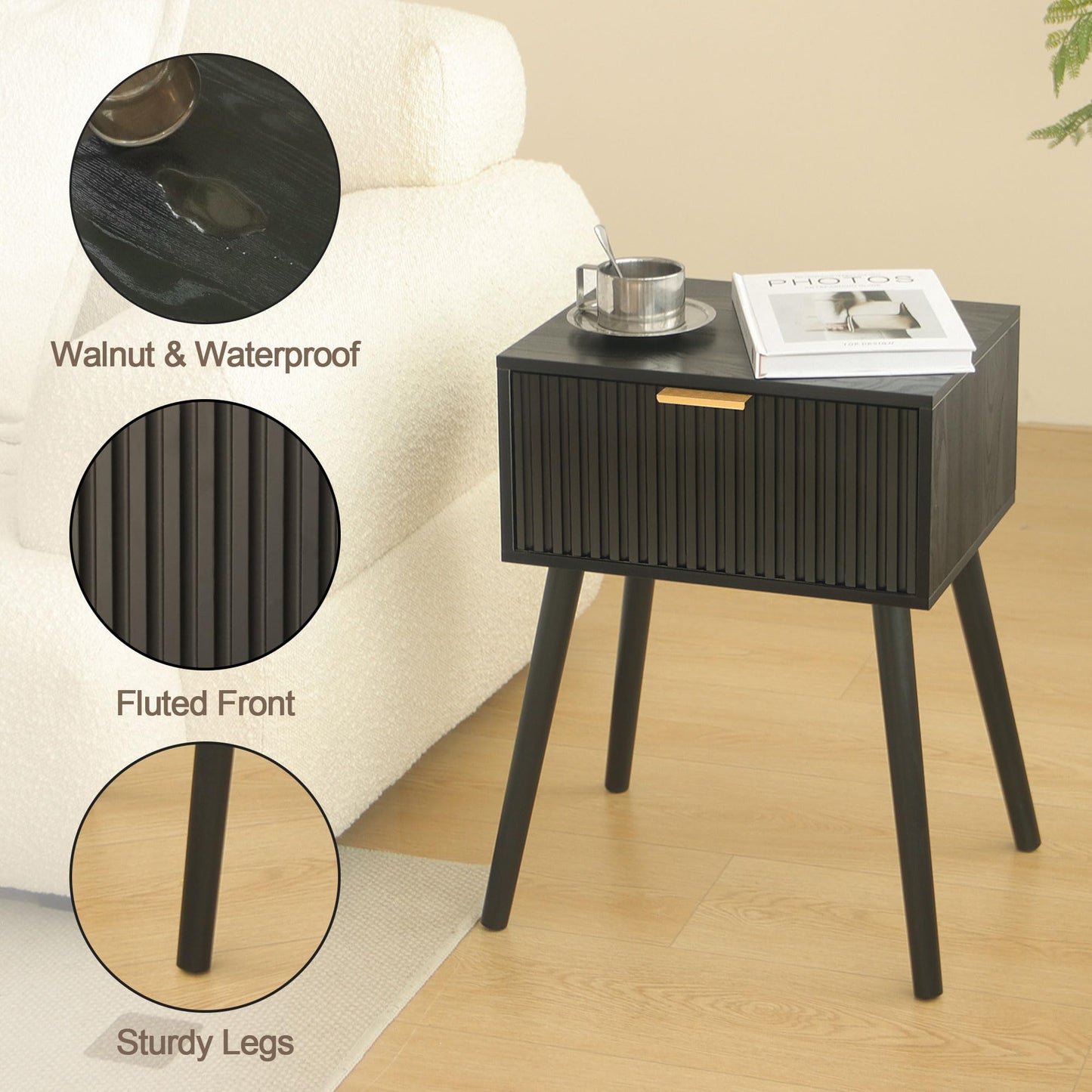 AWASEN Black Nightstand, Small End Tables Living Room, Accent Bedside Table with Fluted Drawer for Bedroom and Small Space, Black