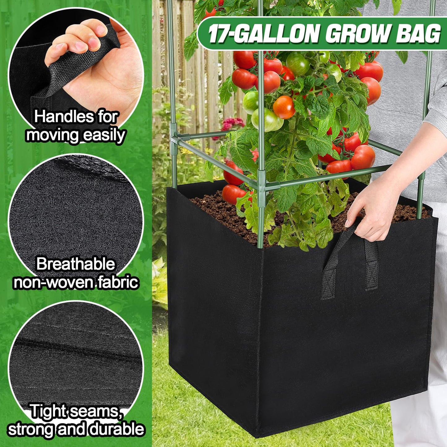 ANPHSIN Sturdy Square Tomato Cage with Movable 17 Gal Grow Bags - 3 Sets 46'' Plants Garden Trellis Planter, Support for Indoor Outdoor, Cucumber, Beans, Peppers, Eggplants, Climbing Vegetables