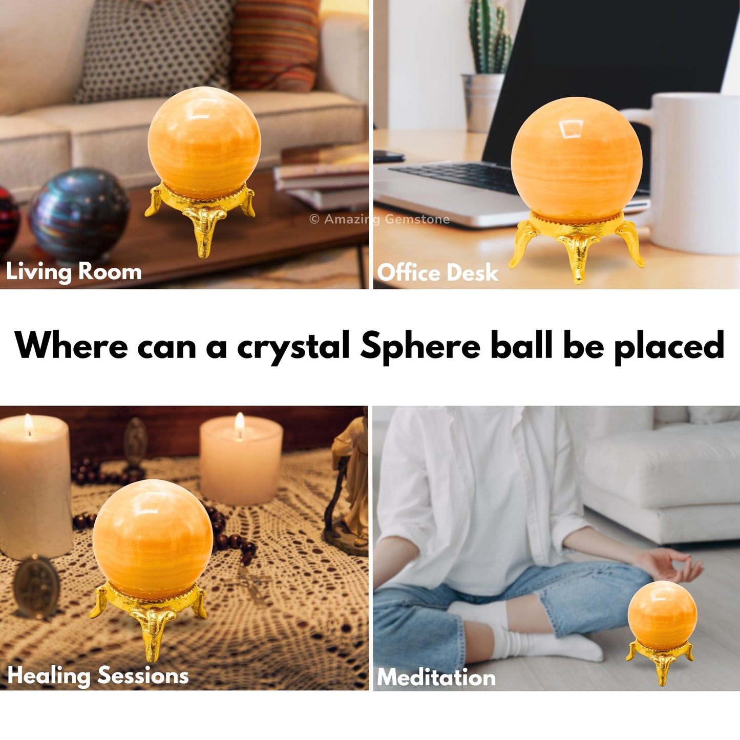 Amazing Gemstone Yellow Calcite Banded Crystal Ball with Stand - 2 Inches Crystal Sphere Meditation Balls for Witchcraft and Decorative Balls