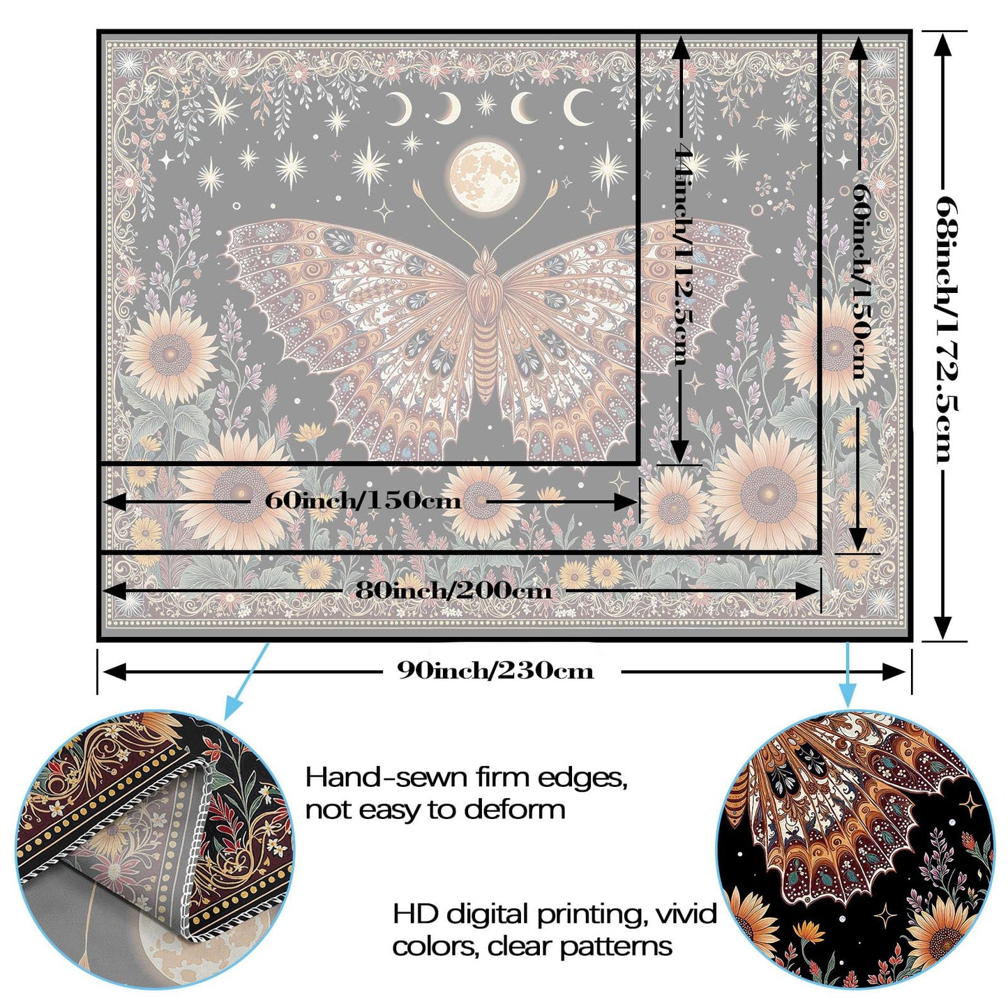 CKM-WOYIN Butterfly Tapestry Moon Star Retro Floral Sunflower Plant Tapestries for Bedroom Witchy Aesthetic Room Decor Tapestries Wall Hanging for Living Room, Bedroom, Dorm (60''×44'')