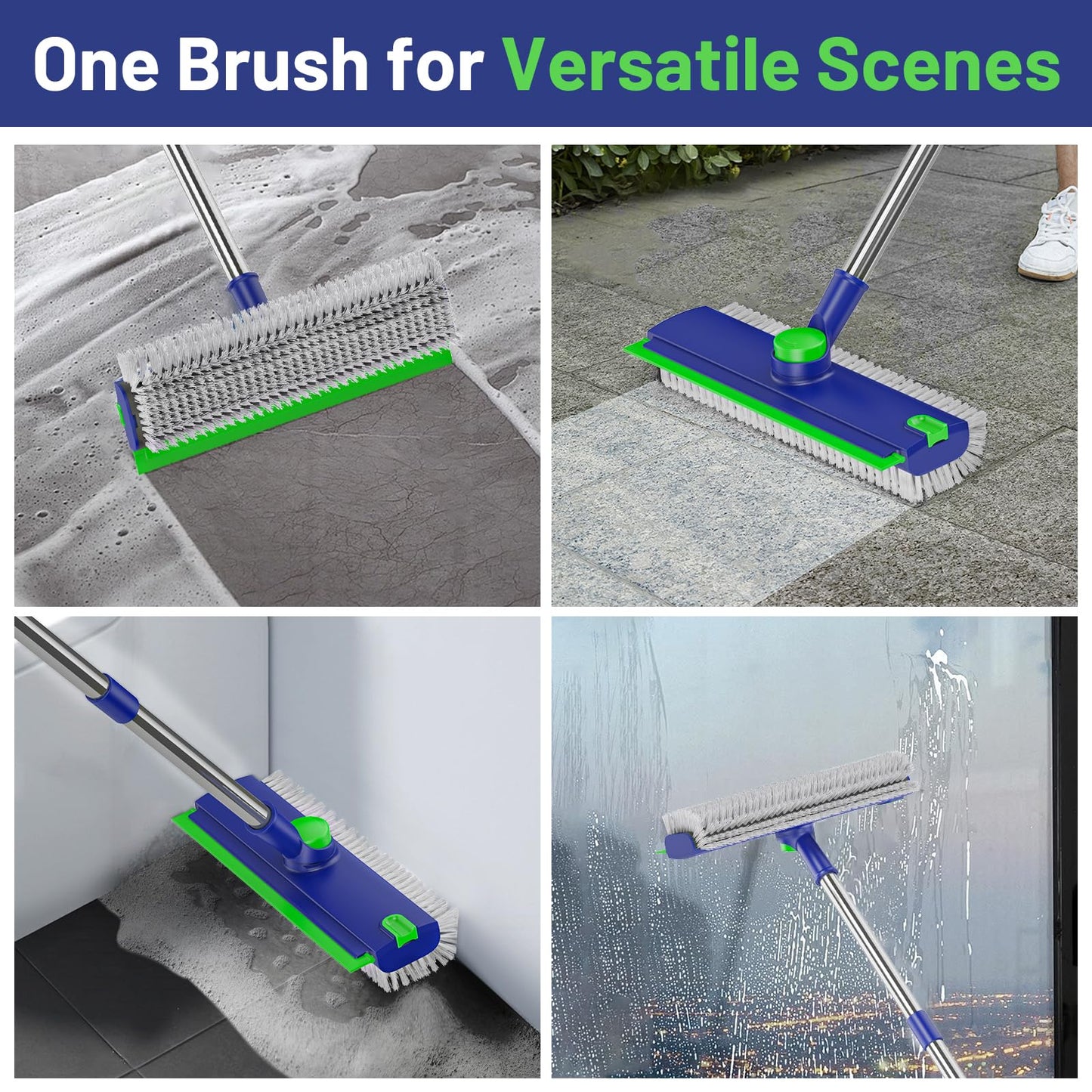 EHADOO Floor Scrub Brush with Long Handle: 3 in 1 Heavy-Duty Floor Scrubber Brush with Squeegee for Cleaning Tile Bathroom Deck Kitchen Patio - Blue