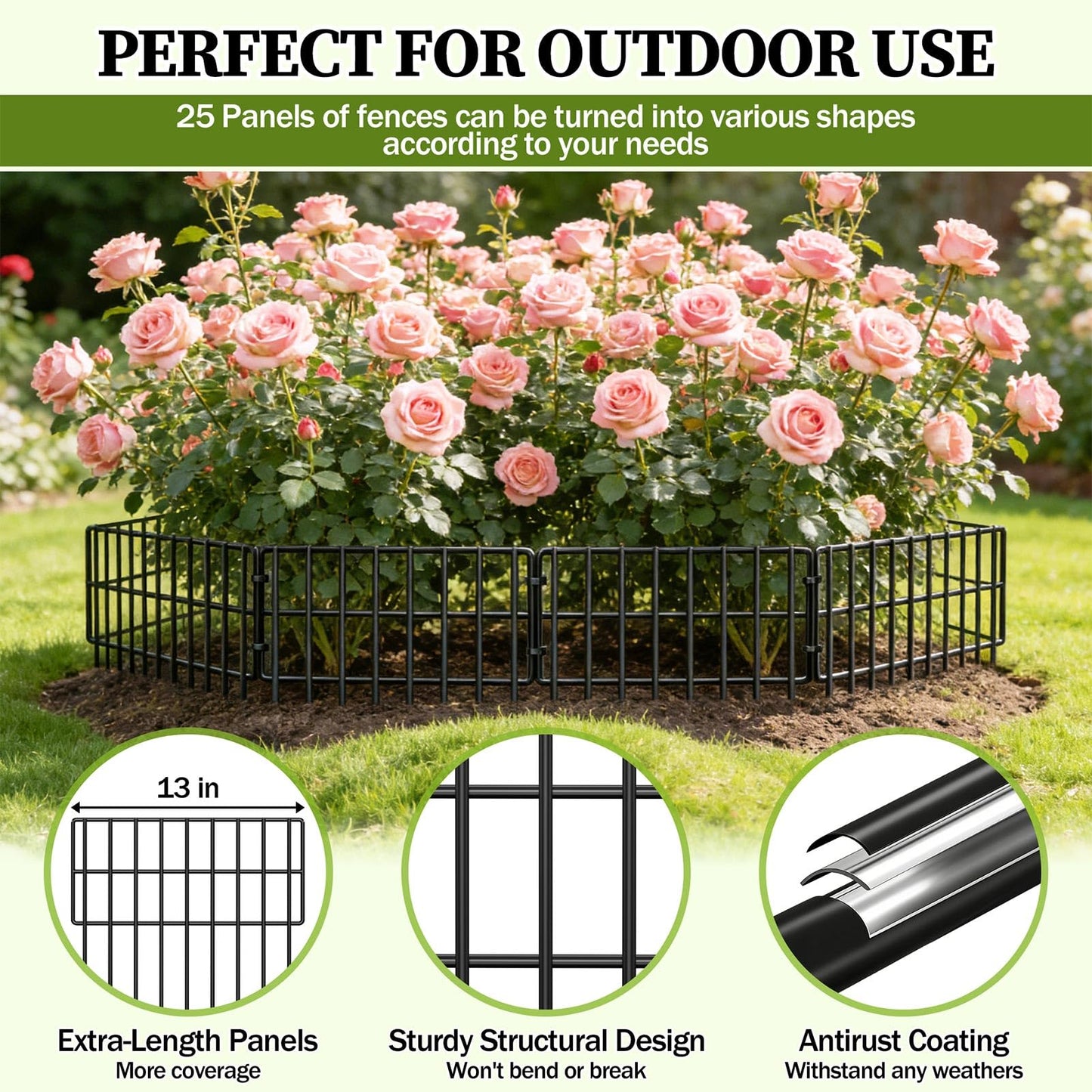 17in (H) x 27ft (L) Garden Fence Animal Barrier, 25 Panels Decorative Garden Fence Border, No Dig Garden Fence Panels, 1.3in Gap Rustproof Metal Stakes, Ground Defense Border Fence for Outdoor, Yard