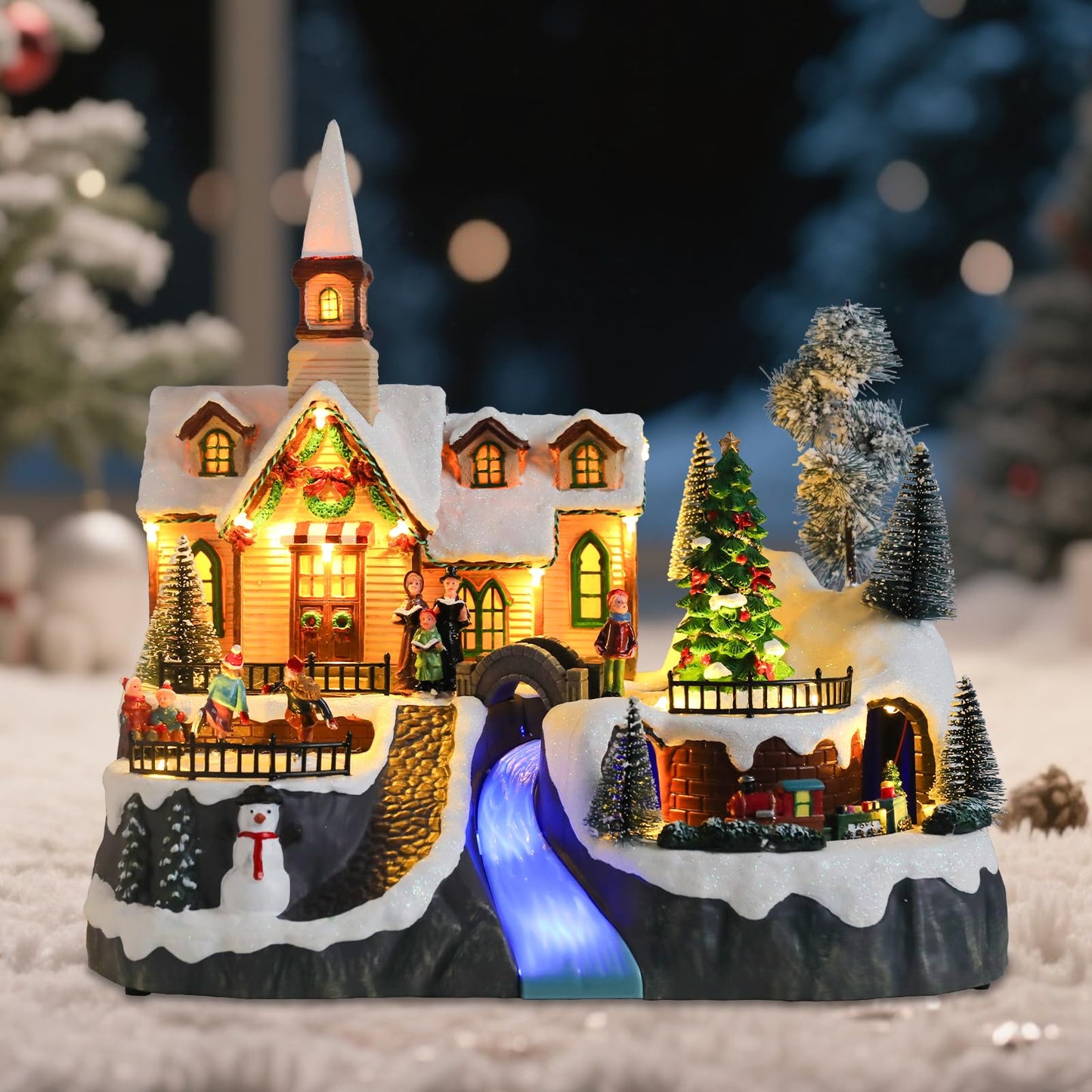 WONDER GARDEN Christmas Village Houses Church House Villages with Rotating Tree,Moving Train and Dancing Kids Musical Lighted Christmas Collectible Buildings for Indoor Decor or Gift