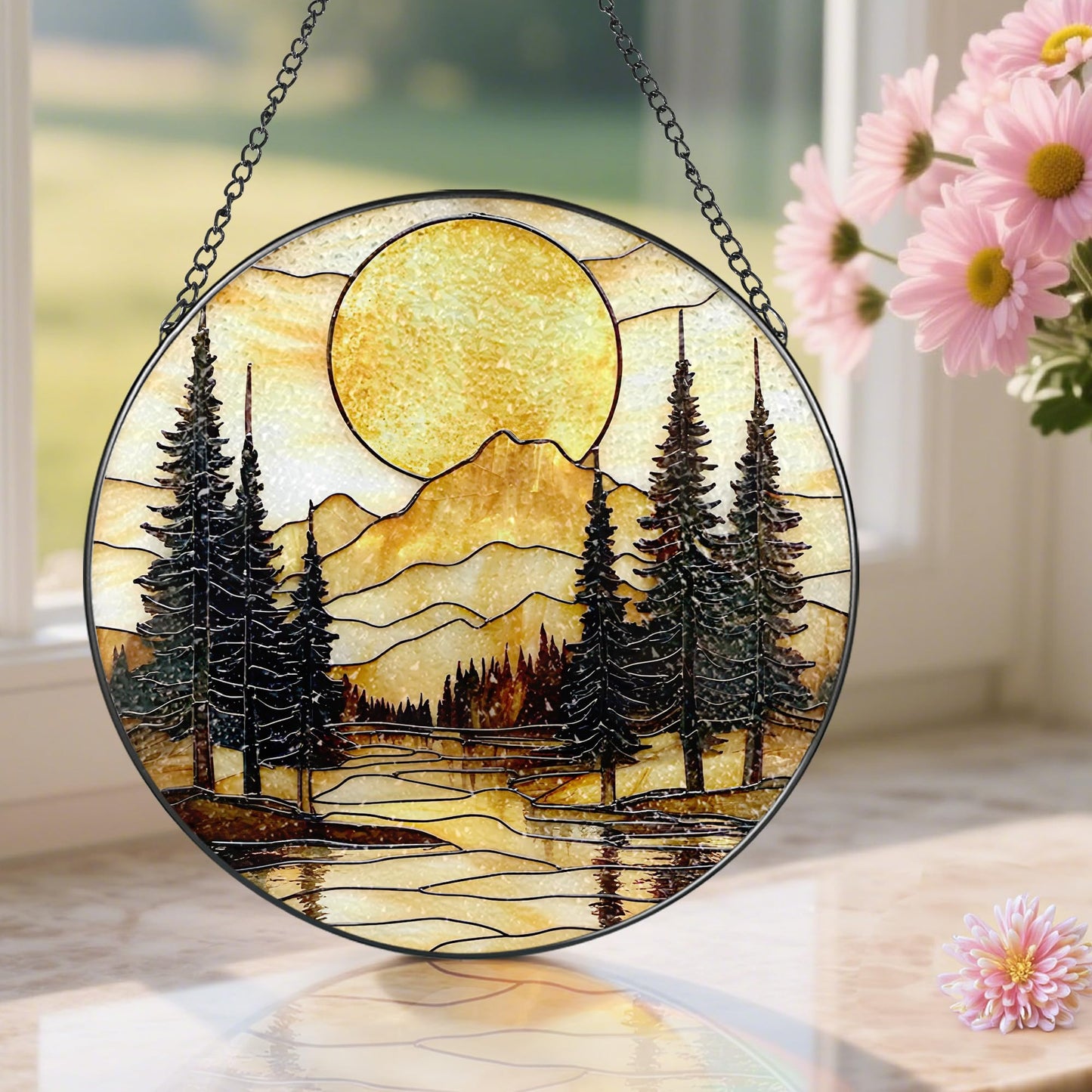 8-Inch Stained Glass Ornament, Stained Glass Window Hanging, Window Hanging Decor Suncatcher, Mountain Sunset Ornament | Holiday, Mother’s Day, Housewarming | Gifts for Nature Lovers, Friend & Family