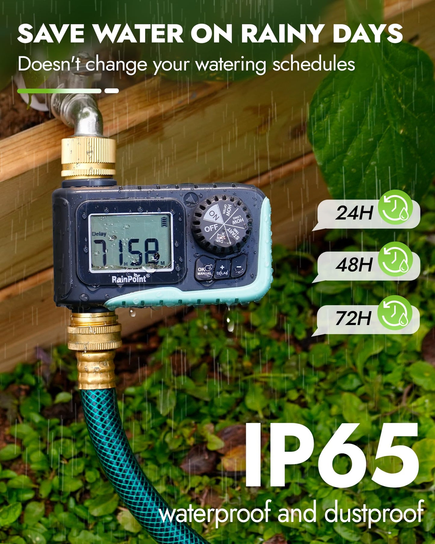 RAINPOINT Sprinkler Timer with Brass Inlet & Outlet, Programmable Hose Timer for Garden Soaker Hose, Watering Timer with Rain Delay/Manual Watering System, Digital Drip Irrigation for Yard, Lawn