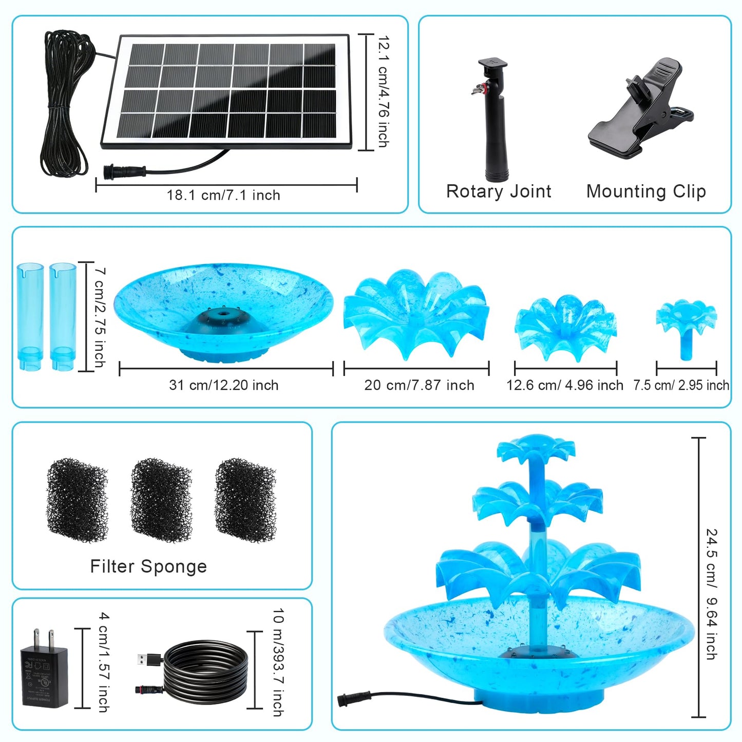 3.5W Solar Fountain Pump for Bird Bath, 3-Tier Blue Solar Water Pump with 8 LED Lights, 32.8FT Power Cord and Adapter Included, Dual-Powered for 24/7 Use for Garden, Pond, Pool, Fish Tank and Lawn