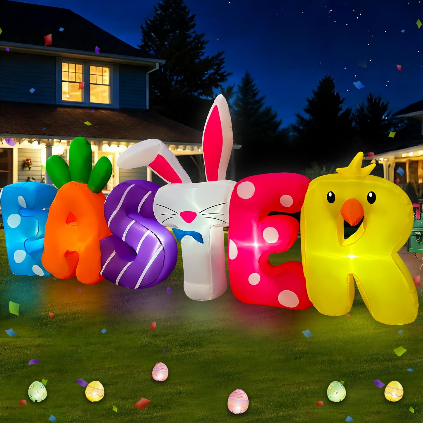 SEASONBLOW 8 FT Easter Inflatables Banner Outdoor Decorations LED Lighted Easter Blow Up for Yard Garden Lawn Indoors Outdoors Home Holiday
