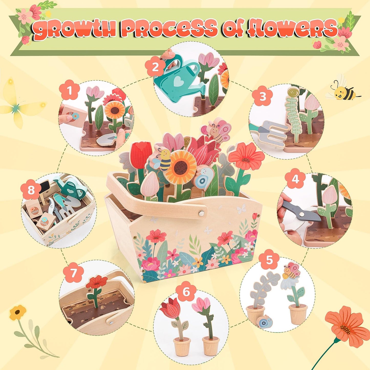 Wooden Pretend Play Toy Gardening Box-30 Pieces Wood Flower & Garden Tool Sets for Toddler 3 4 5 6 Year Old,Kids Educational Learning Toy,Girls Birthday Gift