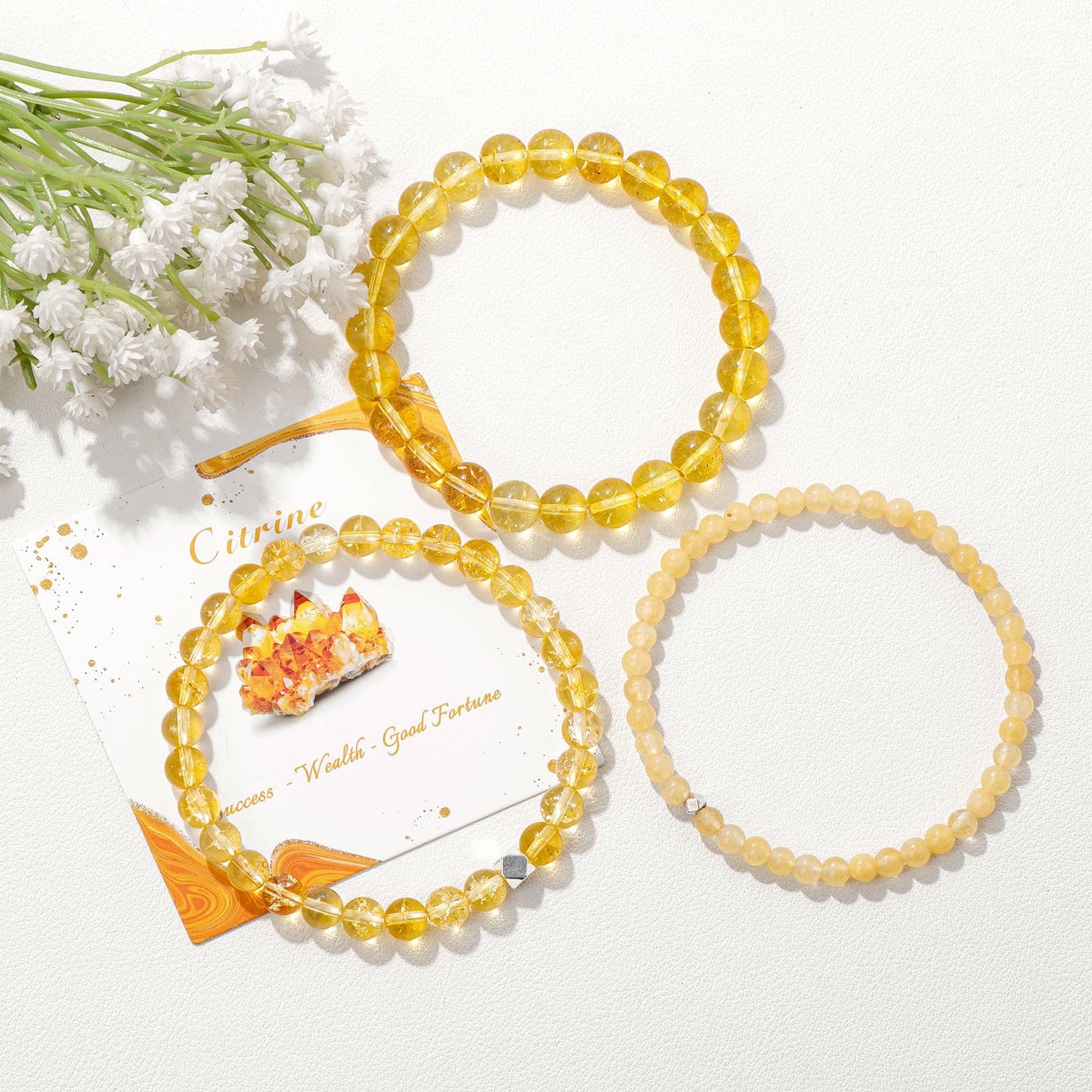 Raicegs 4MM Citrine Beaded Bracelets Healing Crystal Bracelet for Women Men Natural Stone Handmade Stretch Bracelet Reiki Spiritual Jewelry