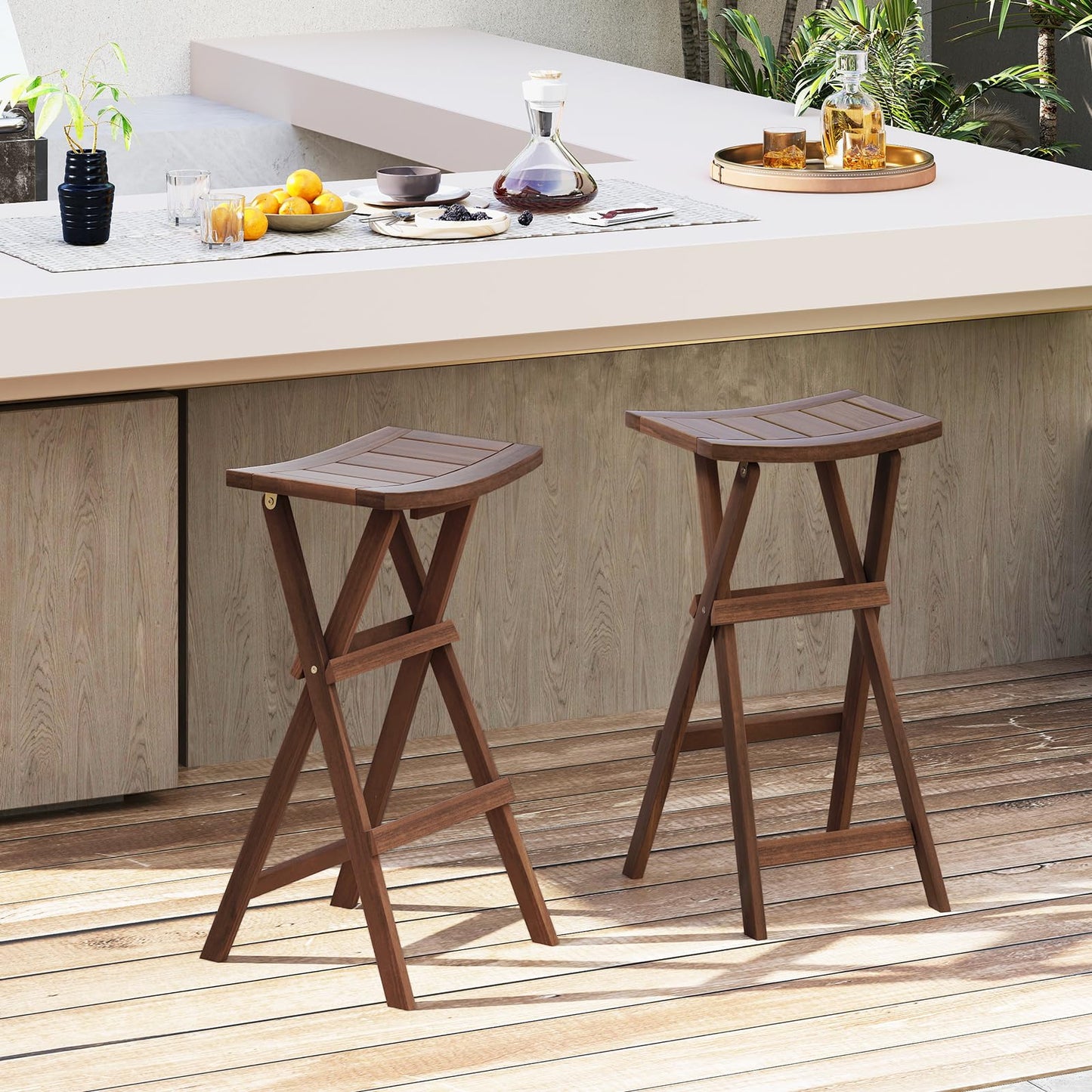 COSTWAY Folding Wooden Bar Stools Set of 2, 30-inch Height Backless Saddle Stools with Footrest, Foldable Chairs for Kitchen Island, Counter, Patio, Indoor & Outdoor, No Assembly Required, Teak